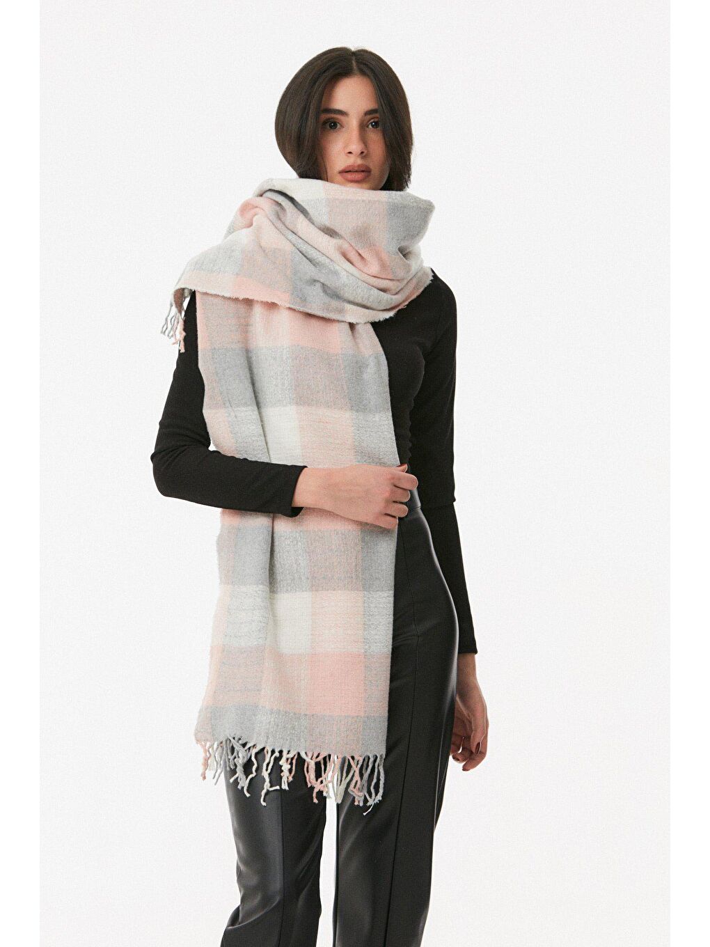 Pembe Ekose Desenli Yumuşak Dokulu Şal