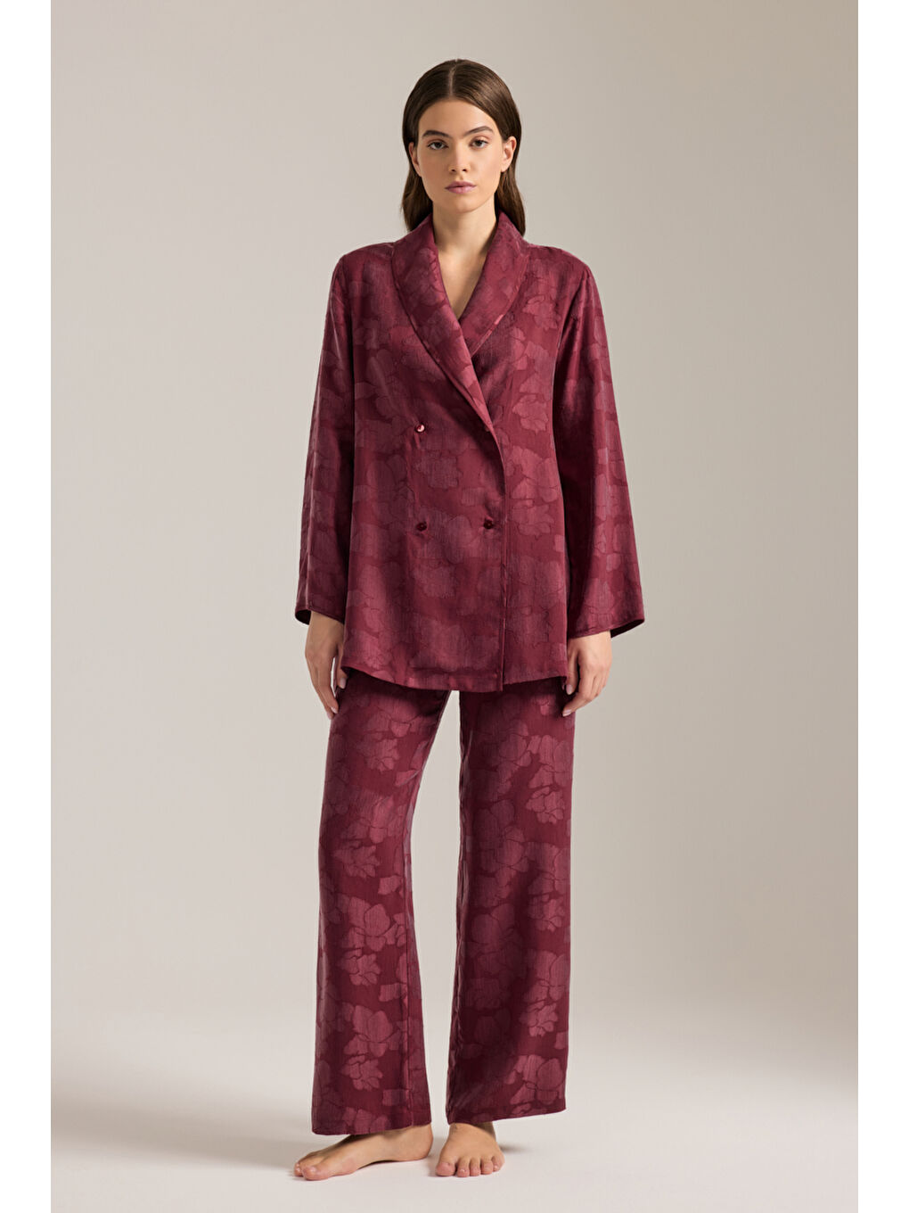 Bordo Dokulu Lyocell Beli Lastikli Pijama Altı-1