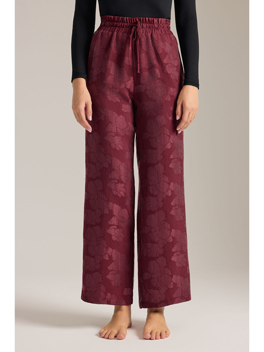 Bordo Dokulu Lyocell Beli Lastikli Pijama Altı-2