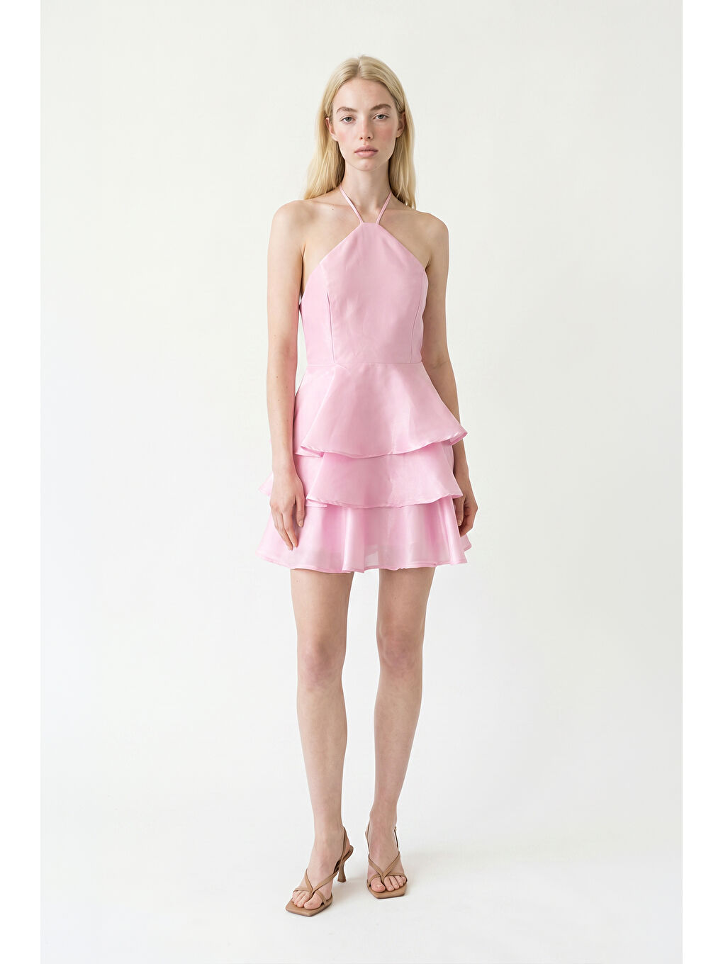 İnce Askılı Kat Kat Volanlı Mini Elbise Pembe