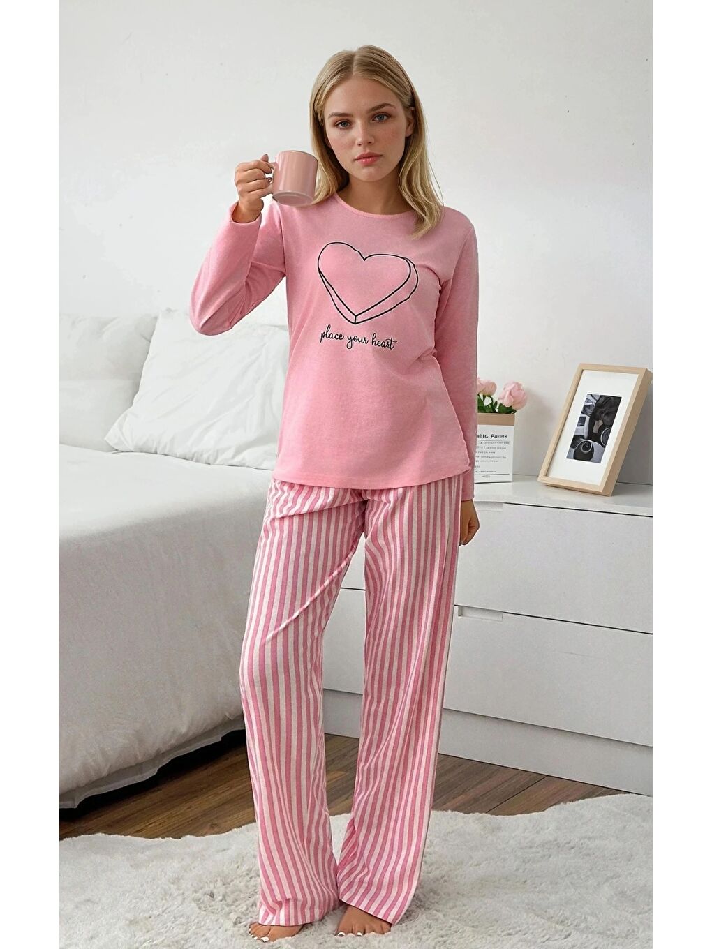 Pembe Çizgili Kalp Detay Uzun Kollu Pijama Takım-1