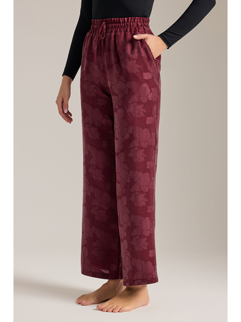 Bordo Dokulu Lyocell Beli Lastikli Pijama Altı-3