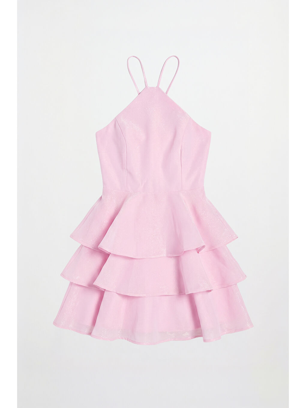 İnce Askılı Kat Kat Volanlı Mini Elbise Pembe-1