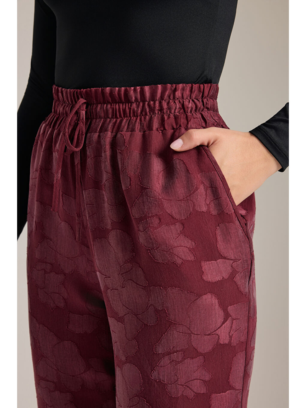 Bordo Dokulu Lyocell Beli Lastikli Pijama Altı-4