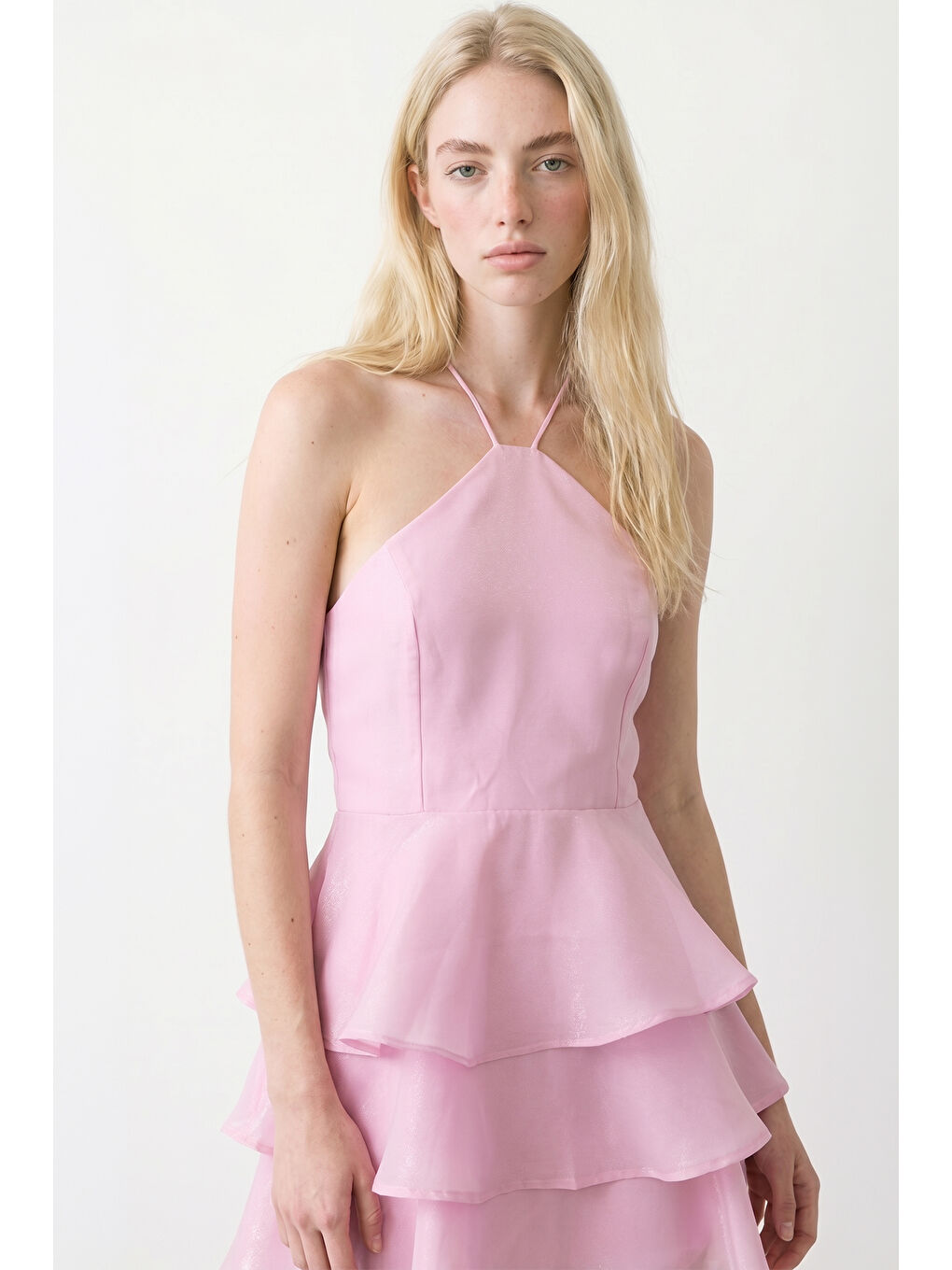 İnce Askılı Kat Kat Volanlı Mini Elbise Pembe-2