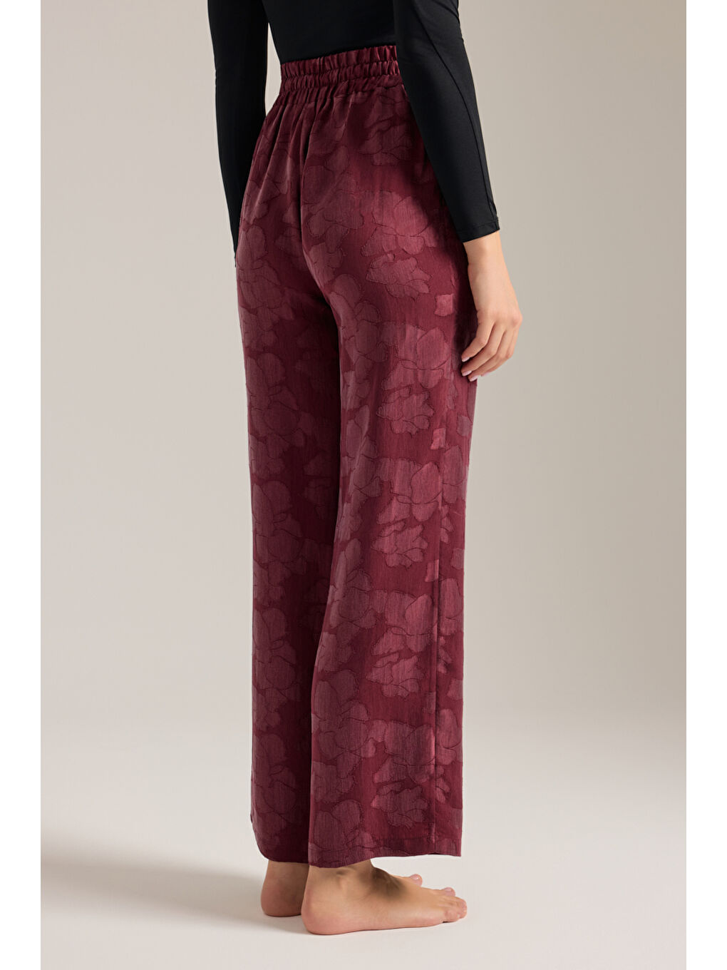 Bordo Dokulu Lyocell Beli Lastikli Pijama Altı-5