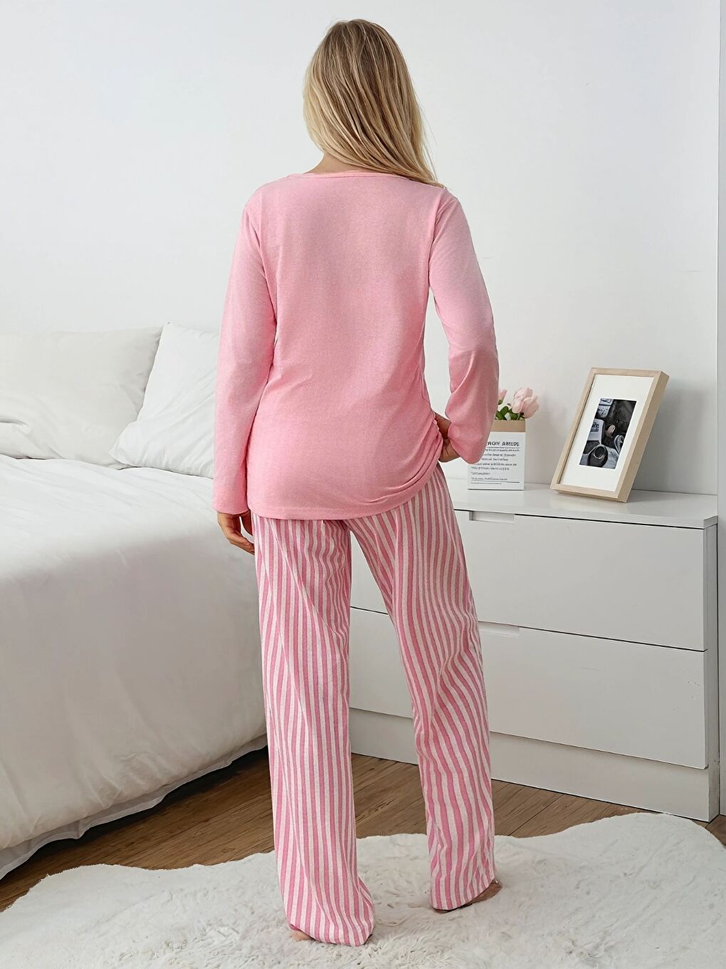 Pembe Çizgili Kalp Detay Uzun Kollu Pijama Takım-2