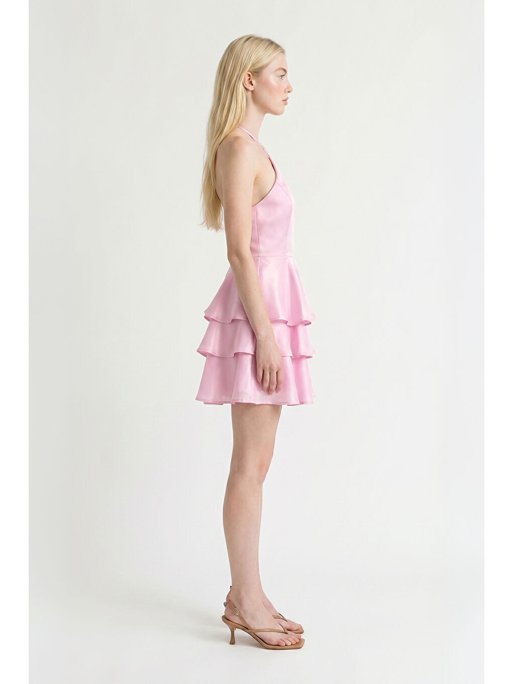 İnce Askılı Kat Kat Volanlı Mini Elbise Pembe-3