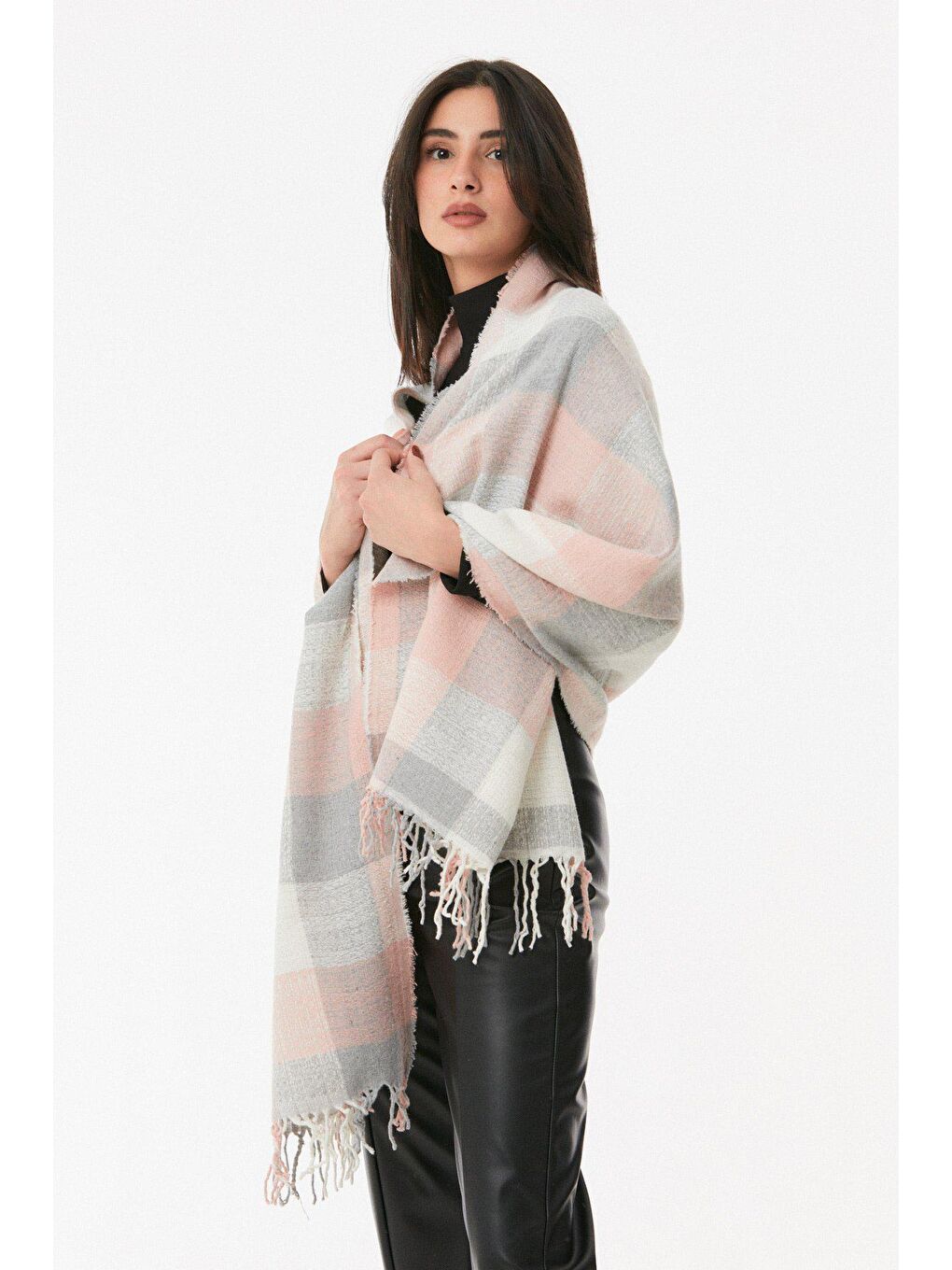 Pembe Ekose Desenli Yumuşak Dokulu Şal-3