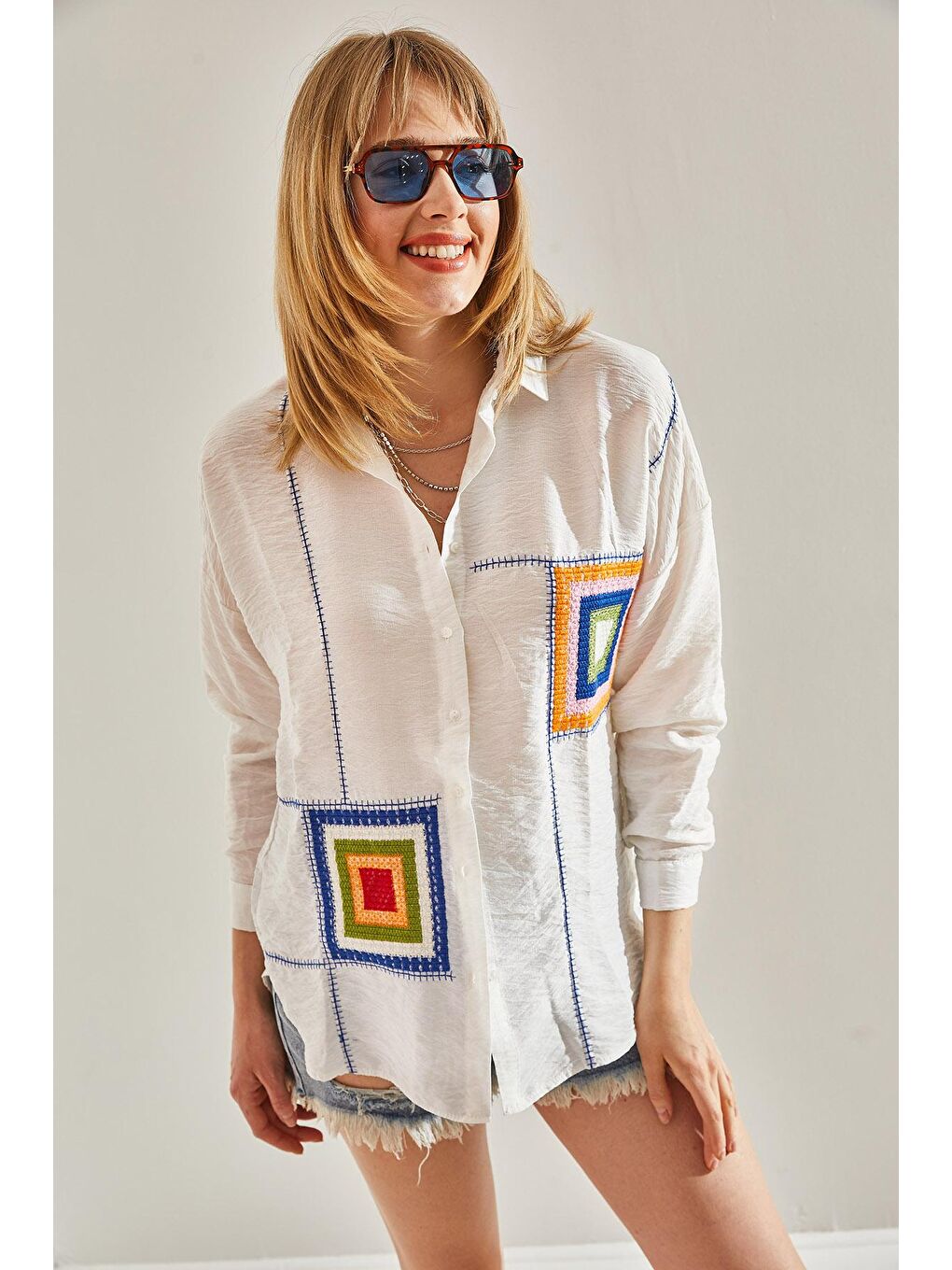 Turkuaz Kadın Süzene Nakışlı Keten Ayrobin Gömlek-6