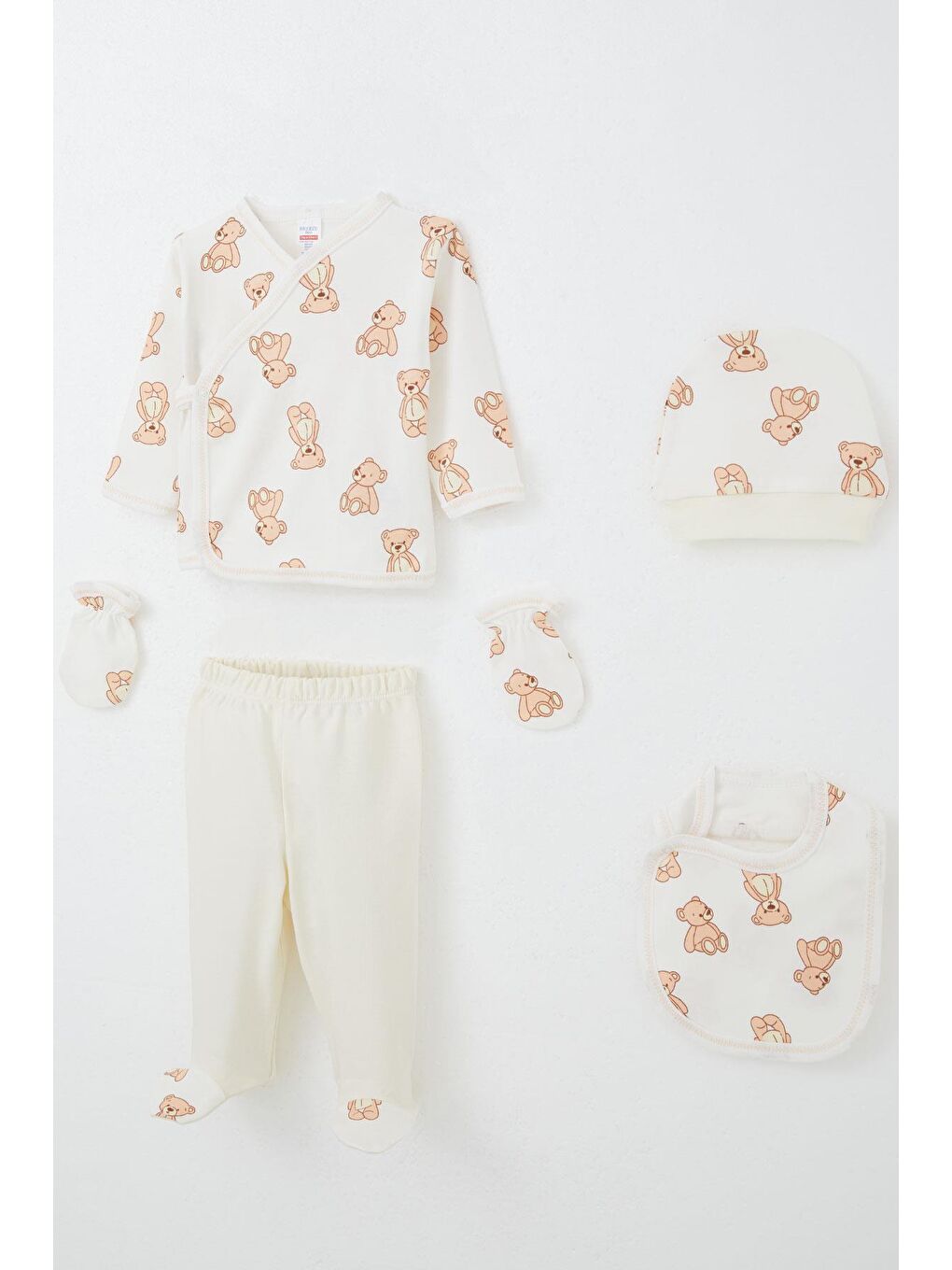 Erkek Bebek Hastane Çıkışı 5 Li Oyuncak Bebek Ayıcık Desenli Beyaz (0-3 Ay)-1