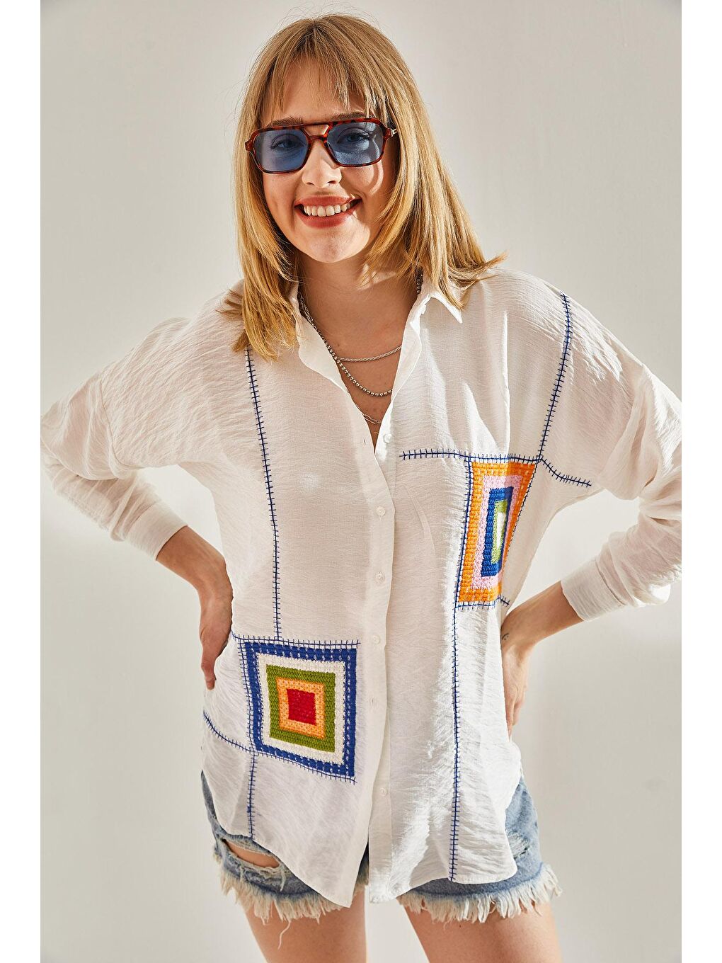 Turkuaz Kadın Süzene Nakışlı Keten Ayrobin Gömlek-7