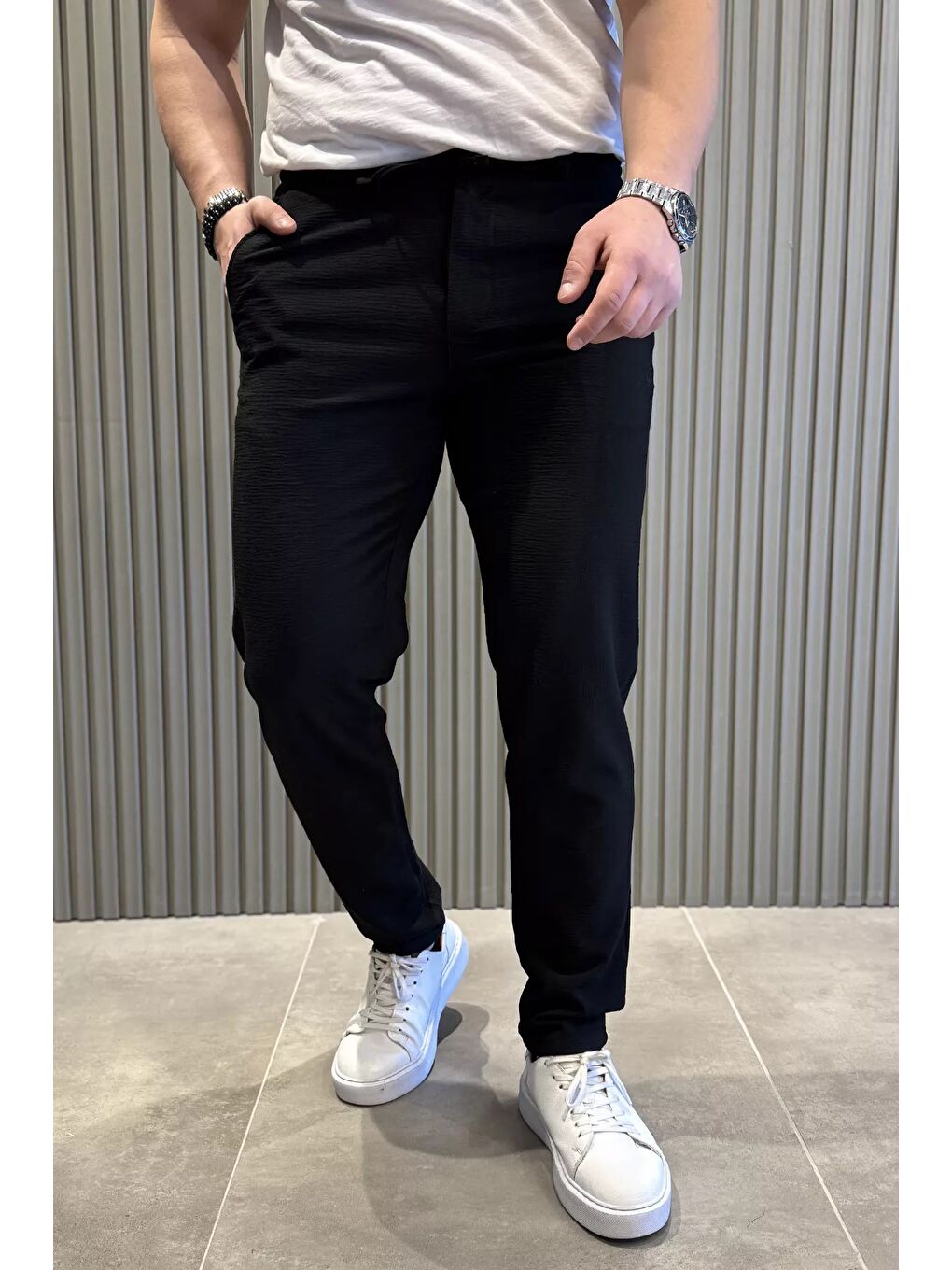 Siyah Erkek Bel Lastikli Bağcıklı Jogger Pantolon