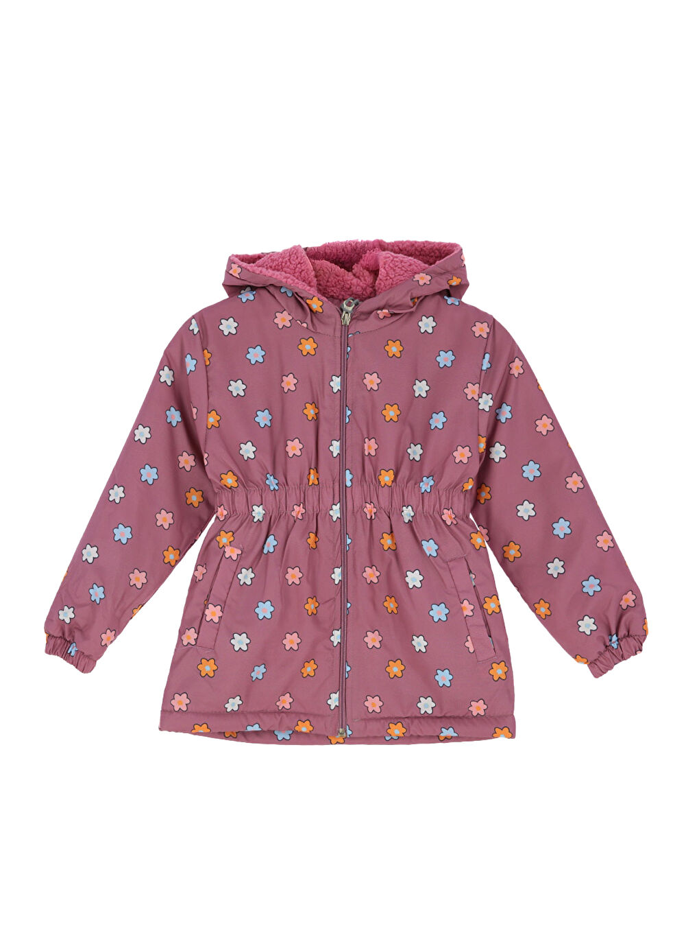 Lila Kız Çocuk İçi Pelüş Astarlı-Desenli-Kapüşonlu-Beli Lastikli Mont 12363