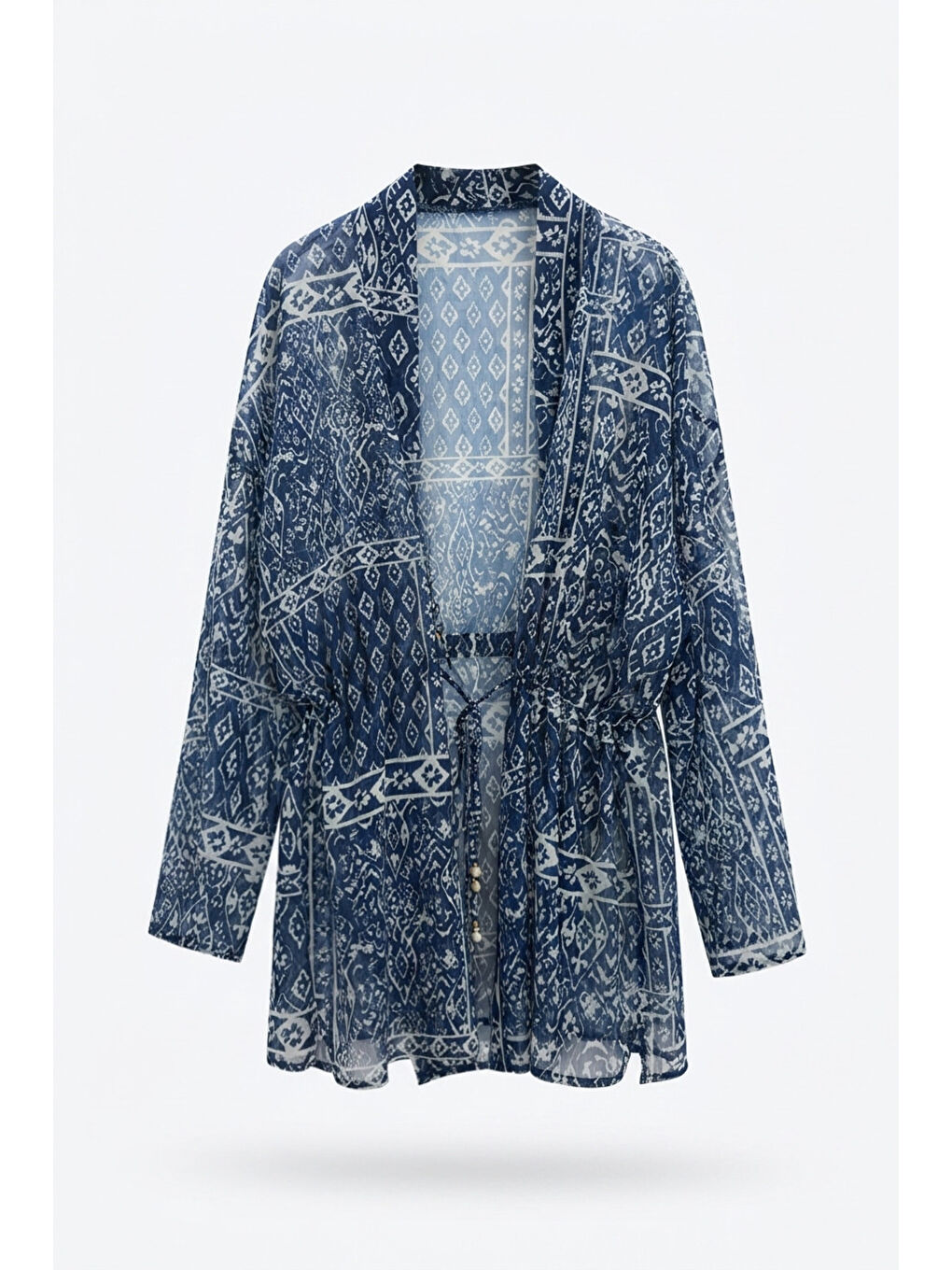Etnik Desenli Beli Bağlamalı Kısa Kimono Lacivert