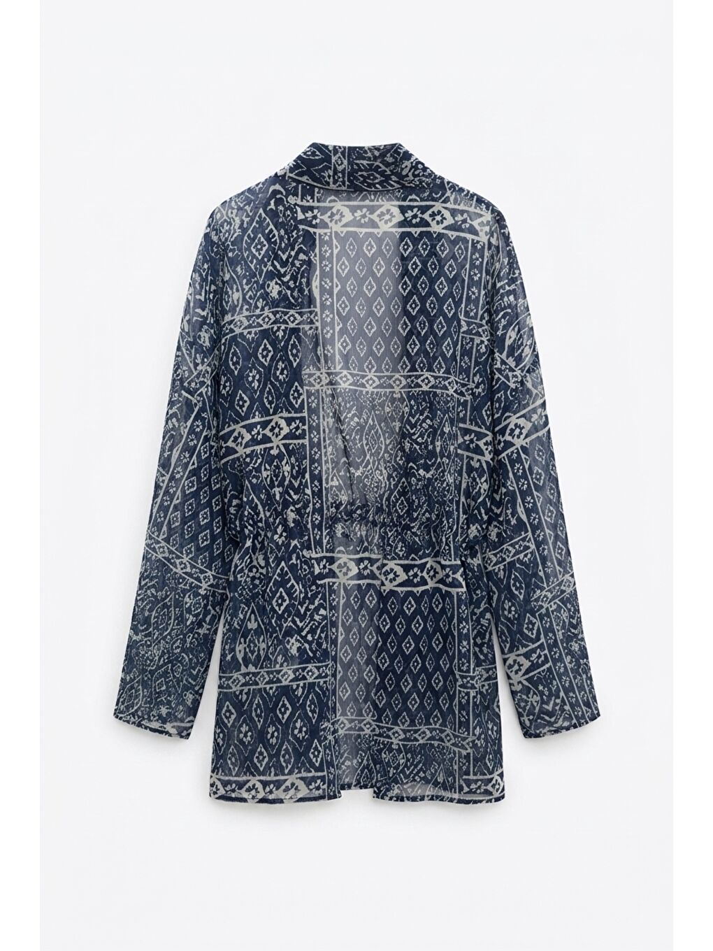 Etnik Desenli Beli Bağlamalı Kısa Kimono Lacivert-1