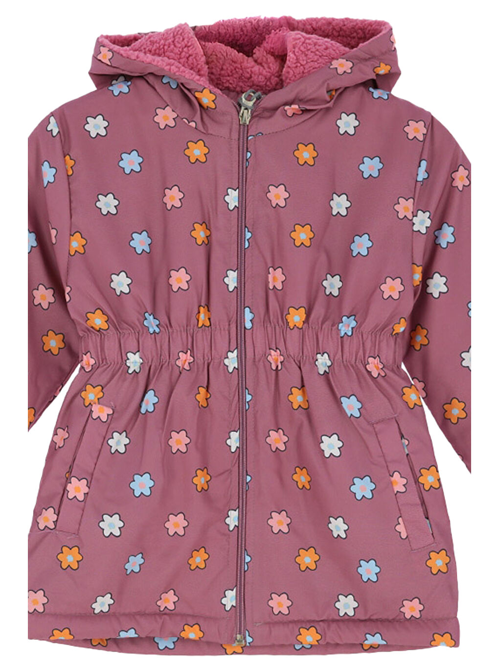 Lila Kız Çocuk İçi Pelüş Astarlı-Desenli-Kapüşonlu-Beli Lastikli Mont 12363-1