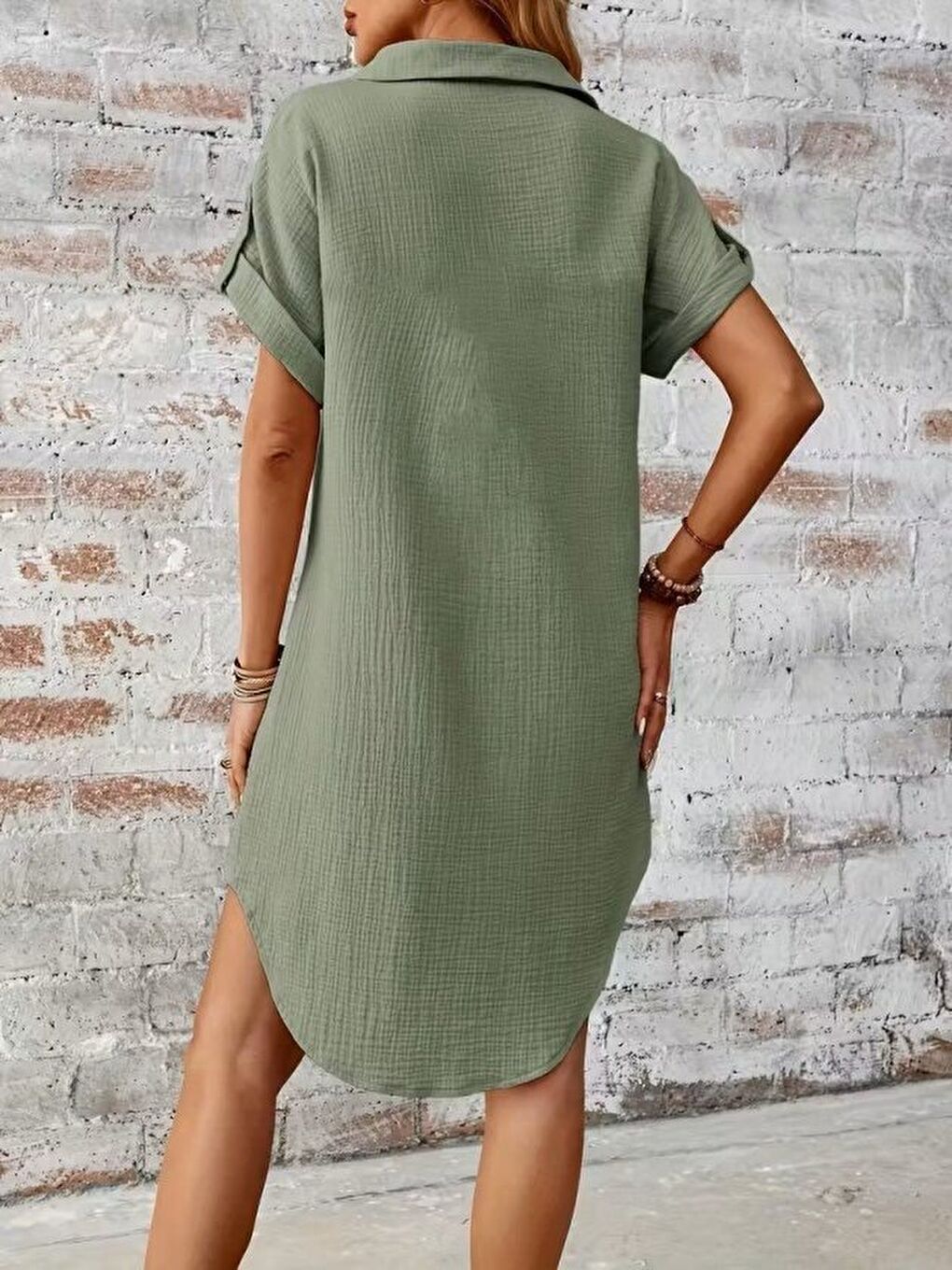 Yeşil Kadın Kısa Kollu Yakalı önden Düğmeli Bürümcük Kısa Elbise-2