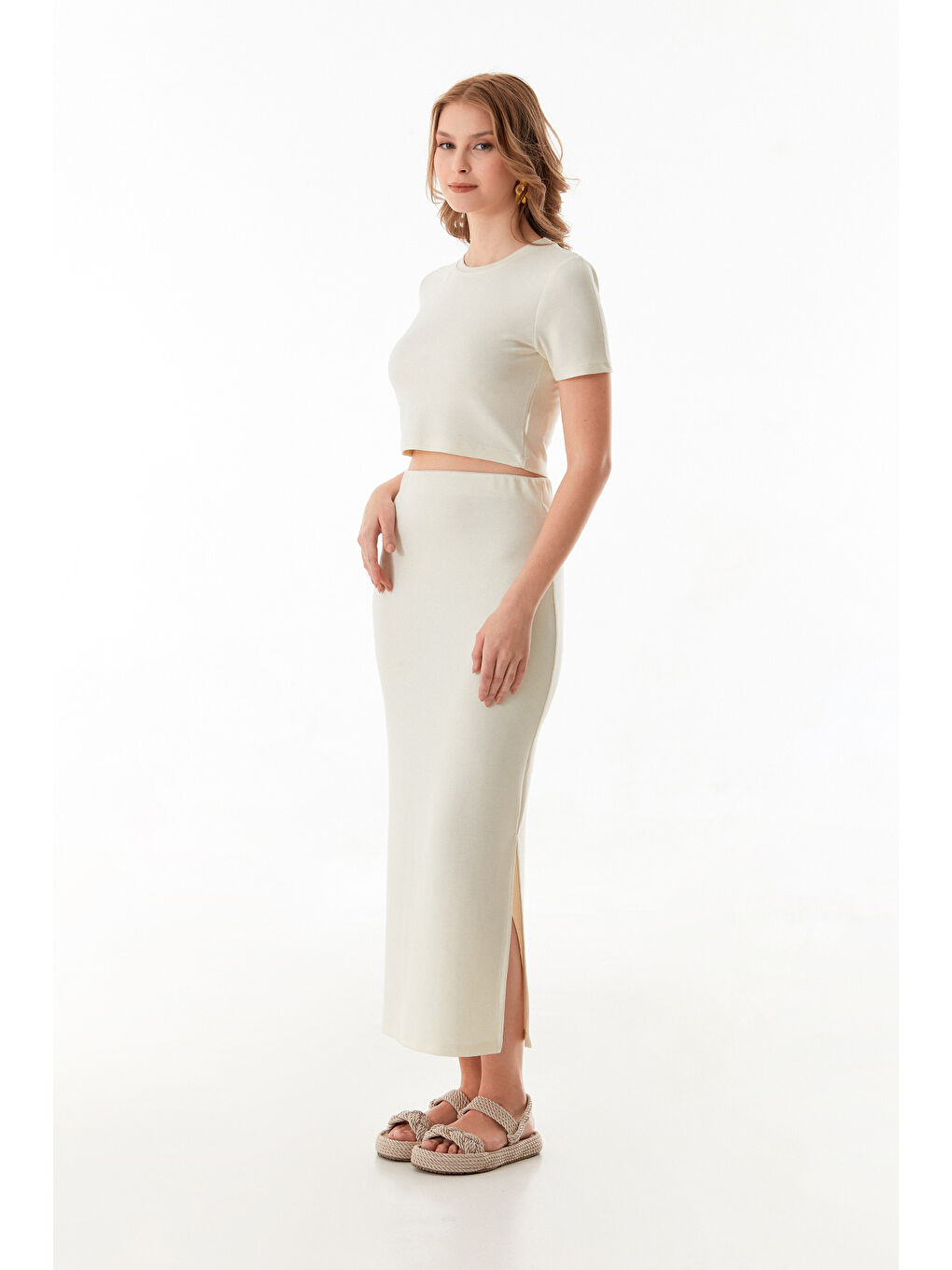 Ekru Basic Modal 2 Li Crop Etek Takım-1