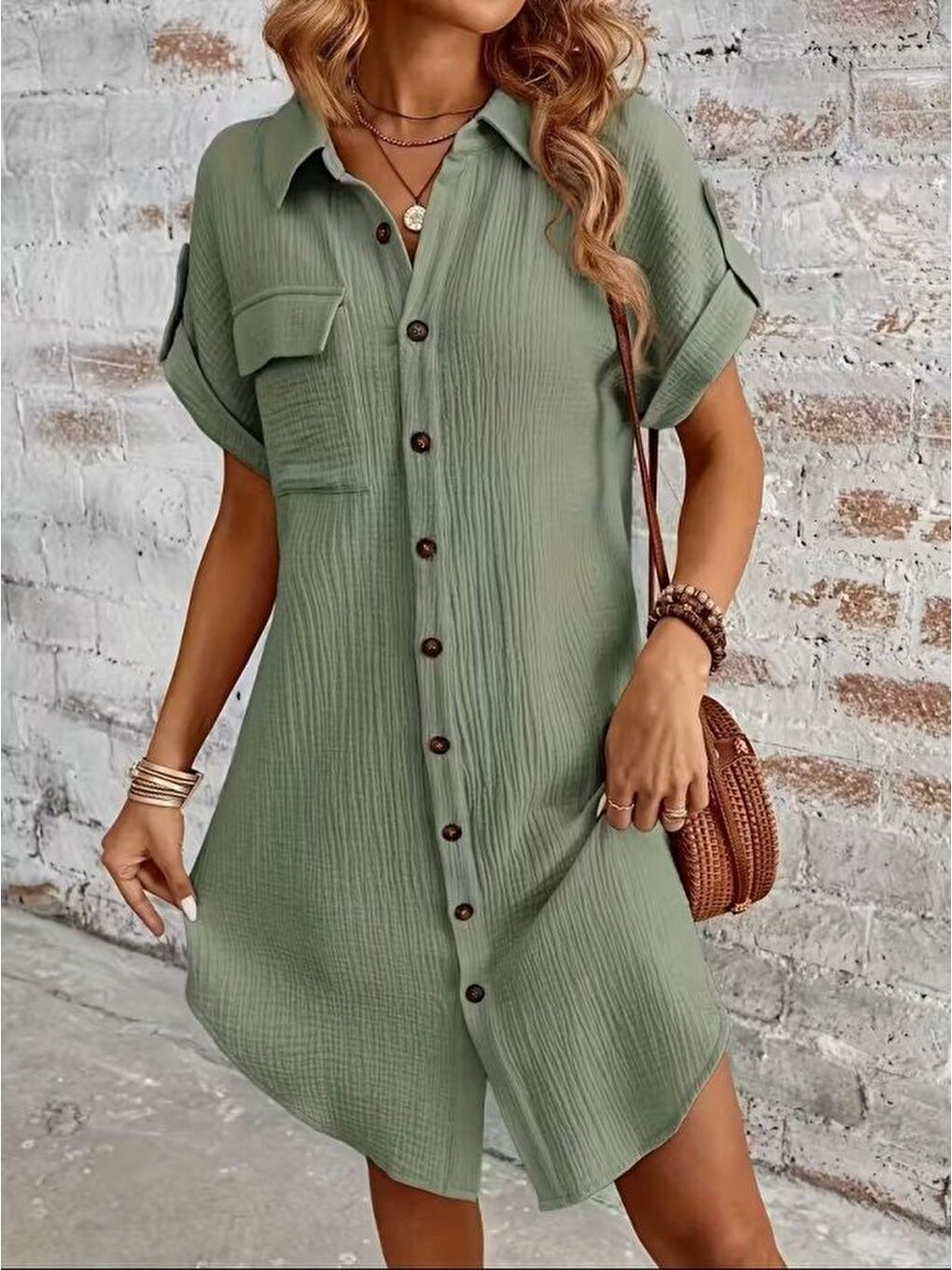 Yeşil Kadın Kısa Kollu Yakalı önden Düğmeli Bürümcük Kısa Elbise-3