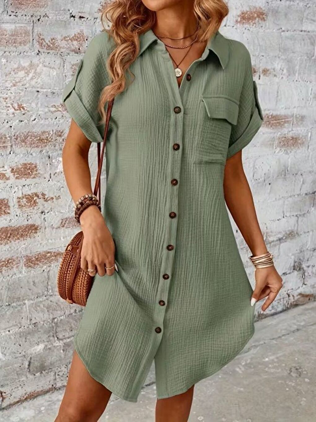 Yeşil Kadın Kısa Kollu Yakalı önden Düğmeli Bürümcük Kısa Elbise-4