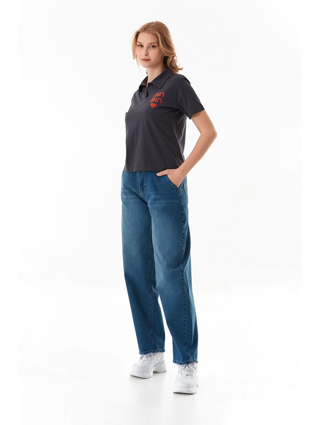 Antrasit Min Min Baskılı Polo Yaka Tişört-1