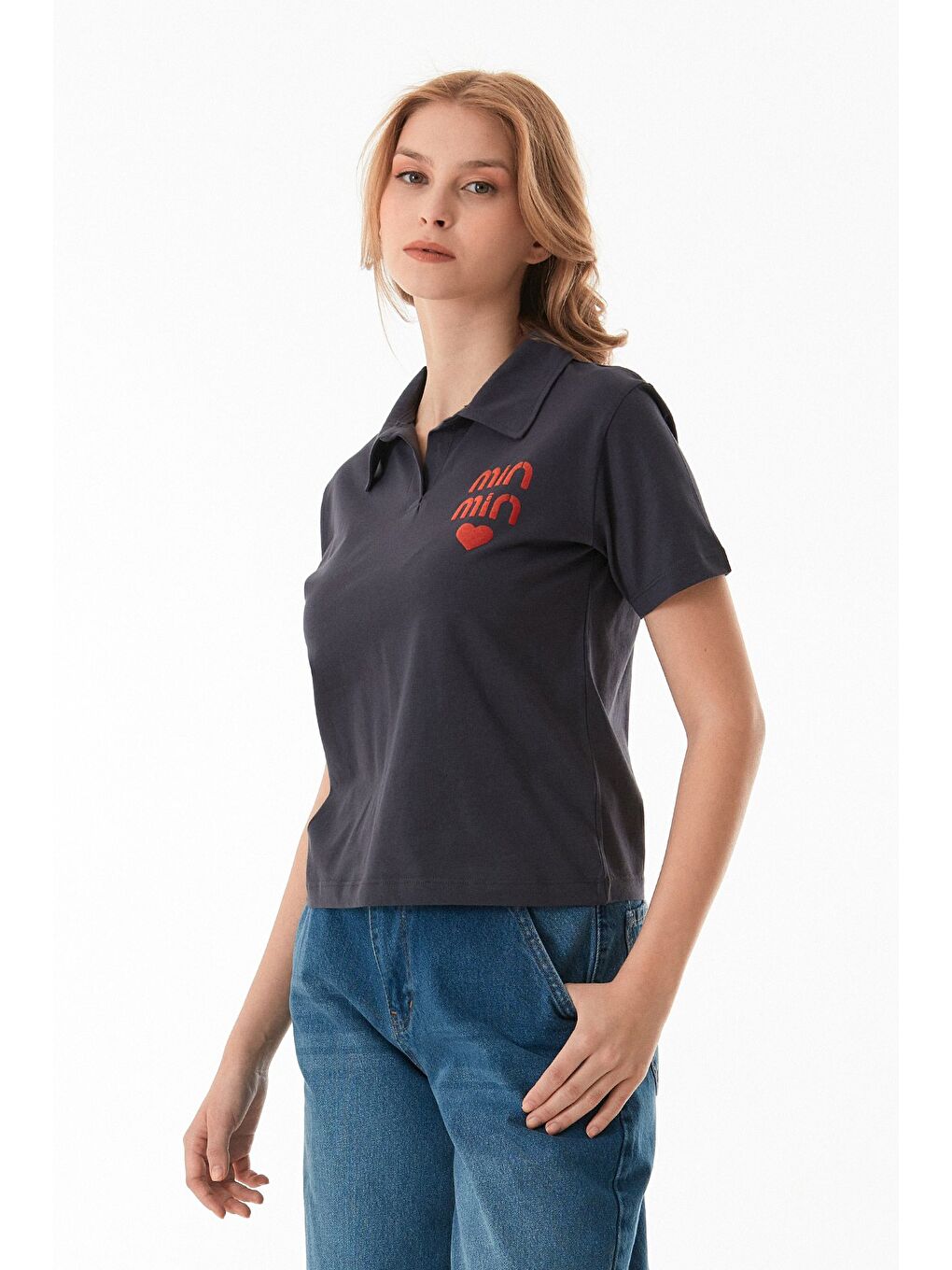 Antrasit Min Min Baskılı Polo Yaka Tişört-3
