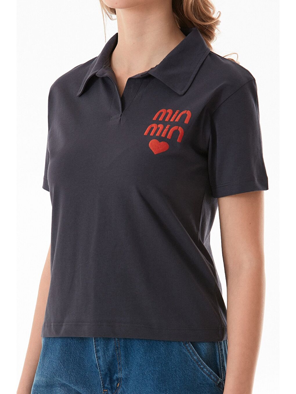 Antrasit Min Min Baskılı Polo Yaka Tişört-4