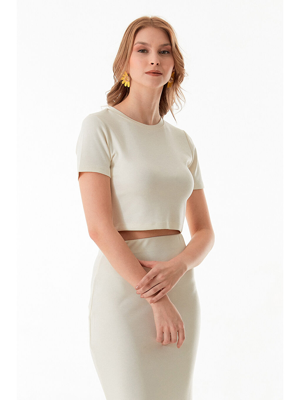 Ekru Basic Modal 2 Li Crop Etek Takım-4