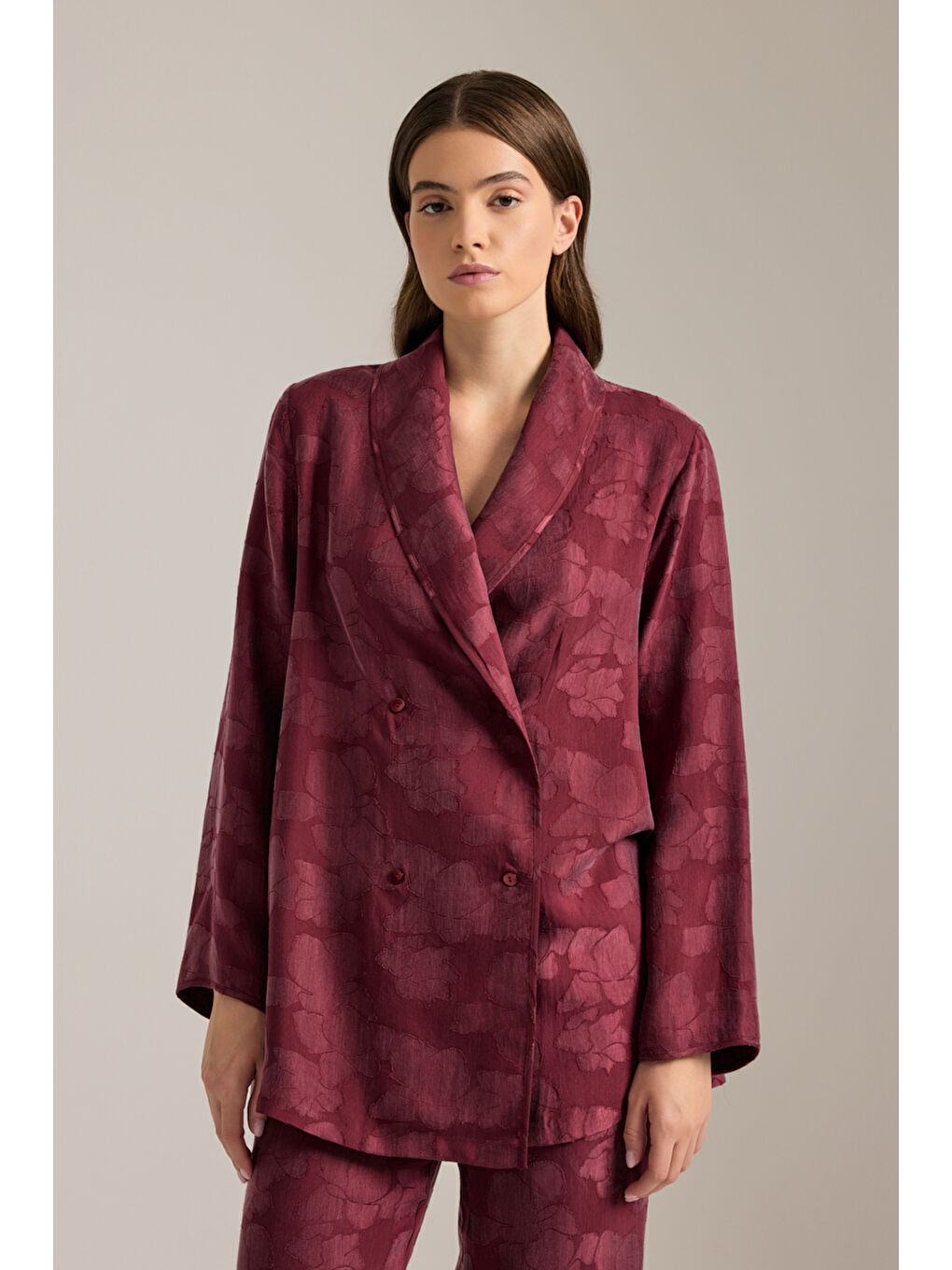 Bordo Dokulu Kruvaze Kapama Lyocell Pijama Üstü-1