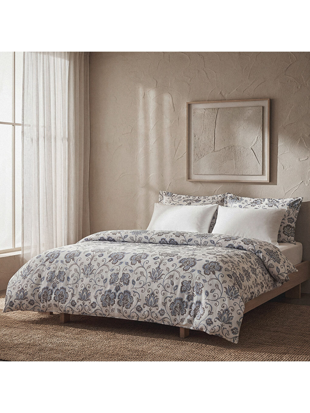 Ekru Verona Zarif Bahçe Battal Boy %100 Ege Pamuğu Nevresim Takımı - Çarşaflı - 4 Yastıklı Krem-Mavi-2