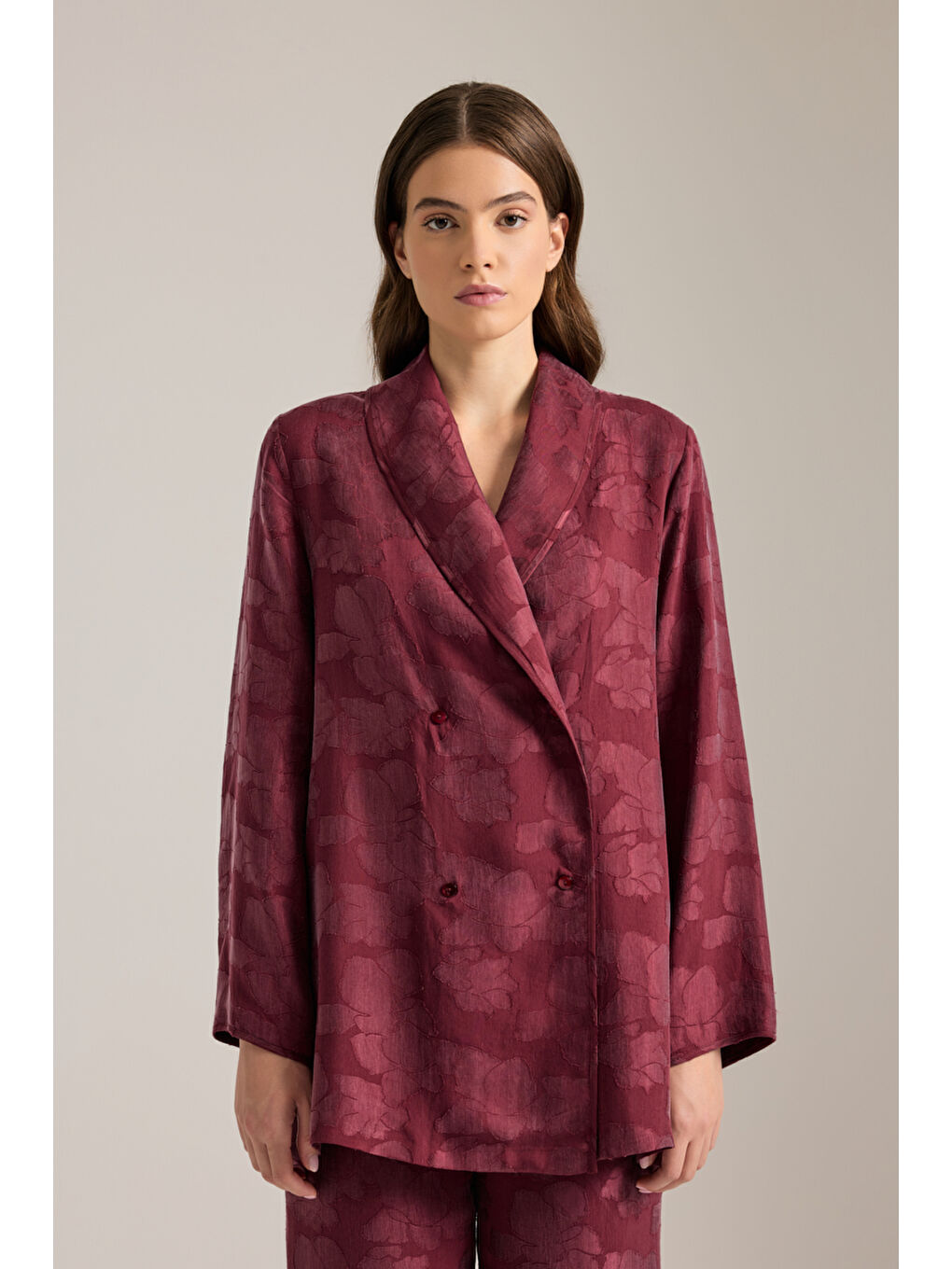 Bordo Dokulu Kruvaze Kapama Lyocell Pijama Üstü-2