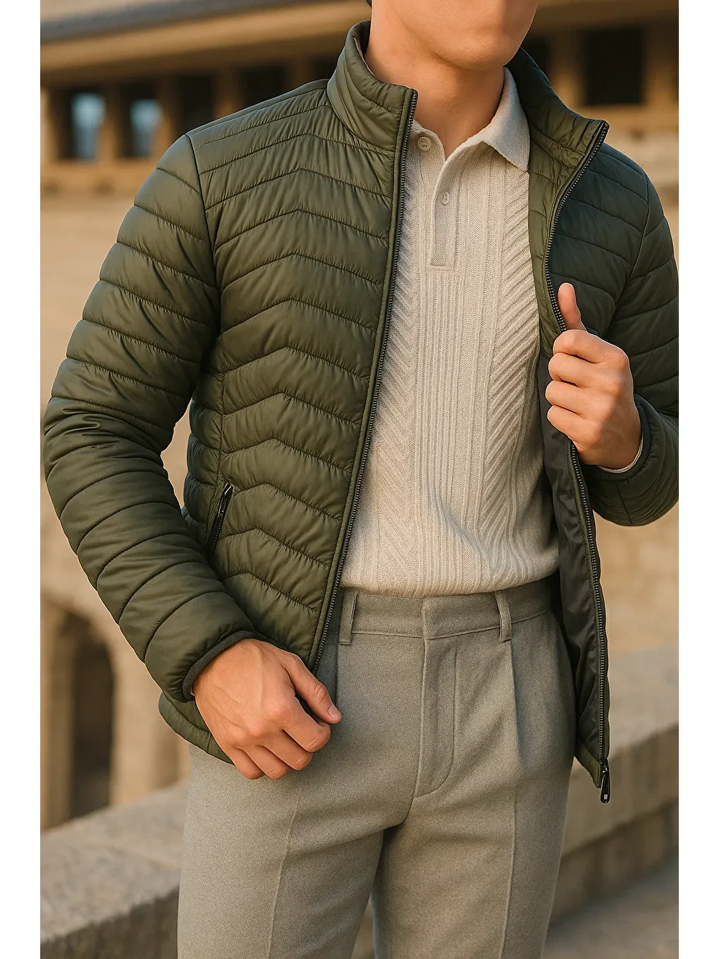 Erkek Günlük Astarlı Haki Şişme Mont