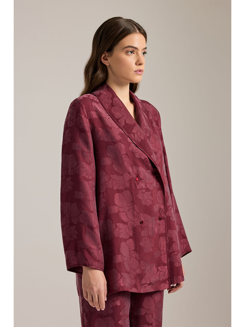 Bordo Dokulu Kruvaze Kapama Lyocell Pijama Üstü-3