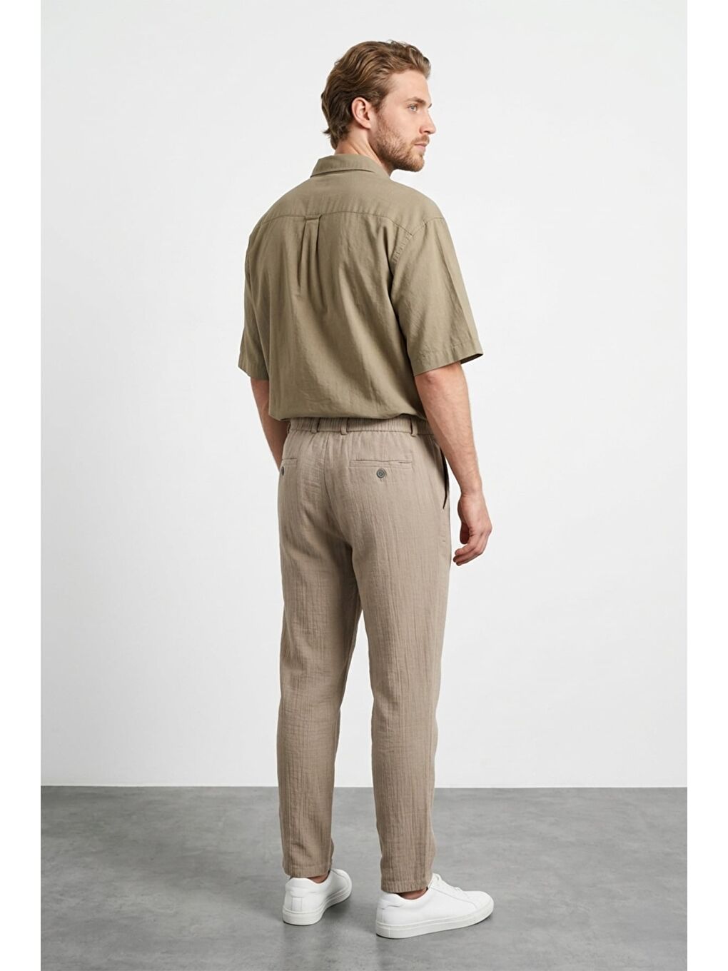 Bej Müslin Kumaş Beli Lastikli Pantolon-1