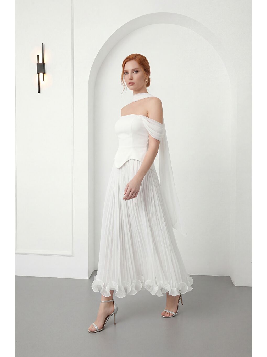 Kadın Beyaz Şal Yaka Etek Ucu Volanlı Midi Söz Nişan Nikah Abiye-1