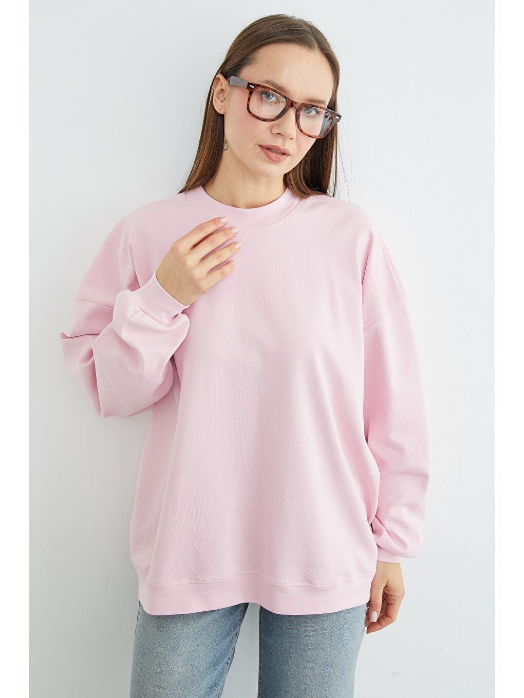 Pembe Basic Bisiklet Yaka Oversize Sweatshirt