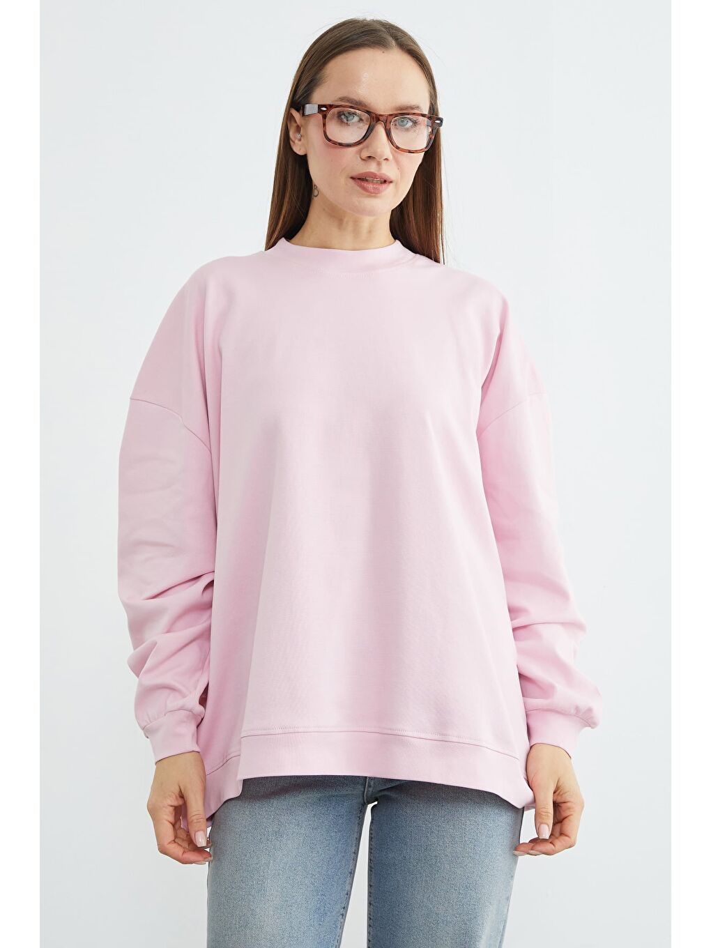 Pembe Basic Bisiklet Yaka Oversize Sweatshirt-1