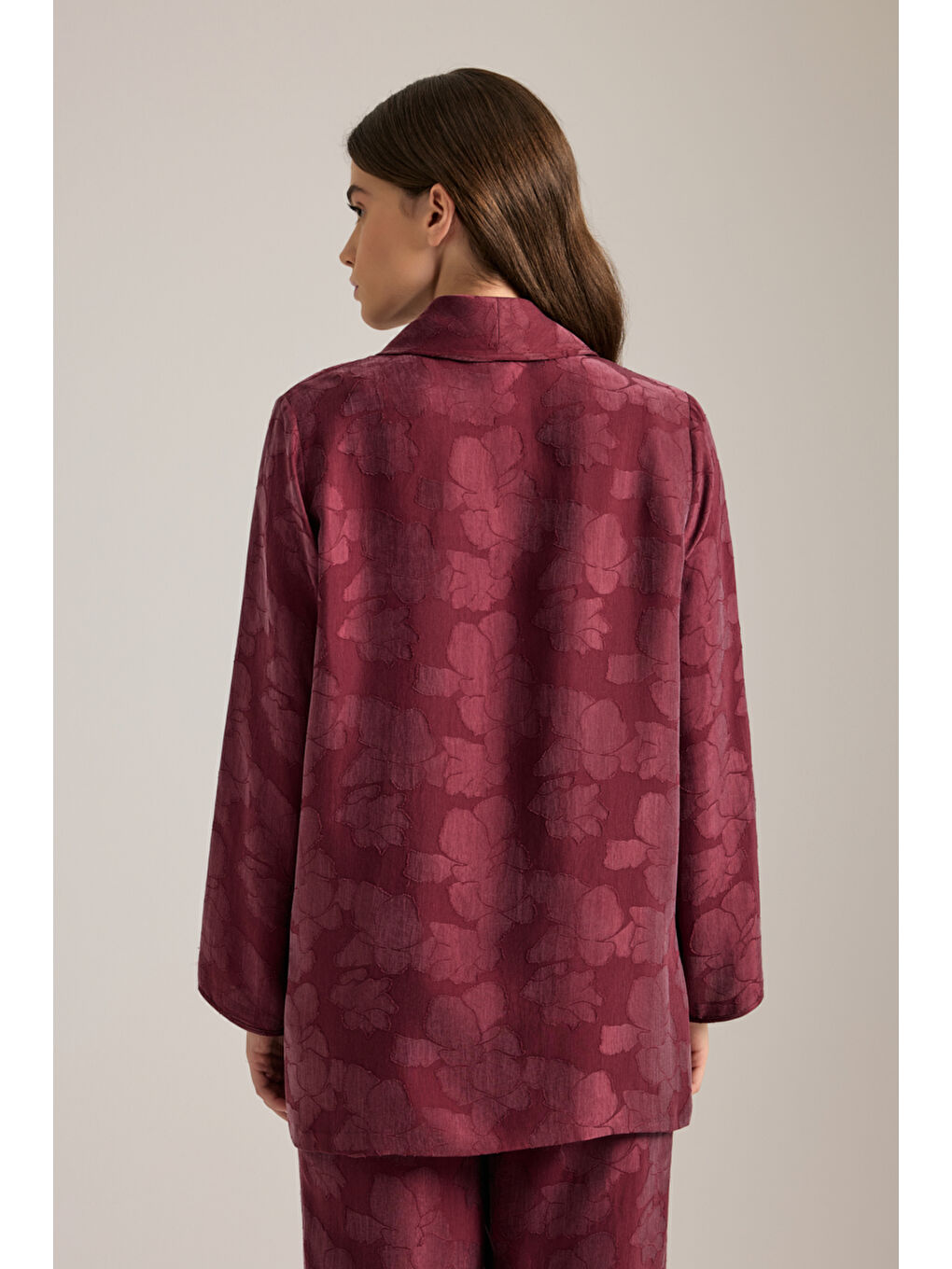 Bordo Dokulu Kruvaze Kapama Lyocell Pijama Üstü-5