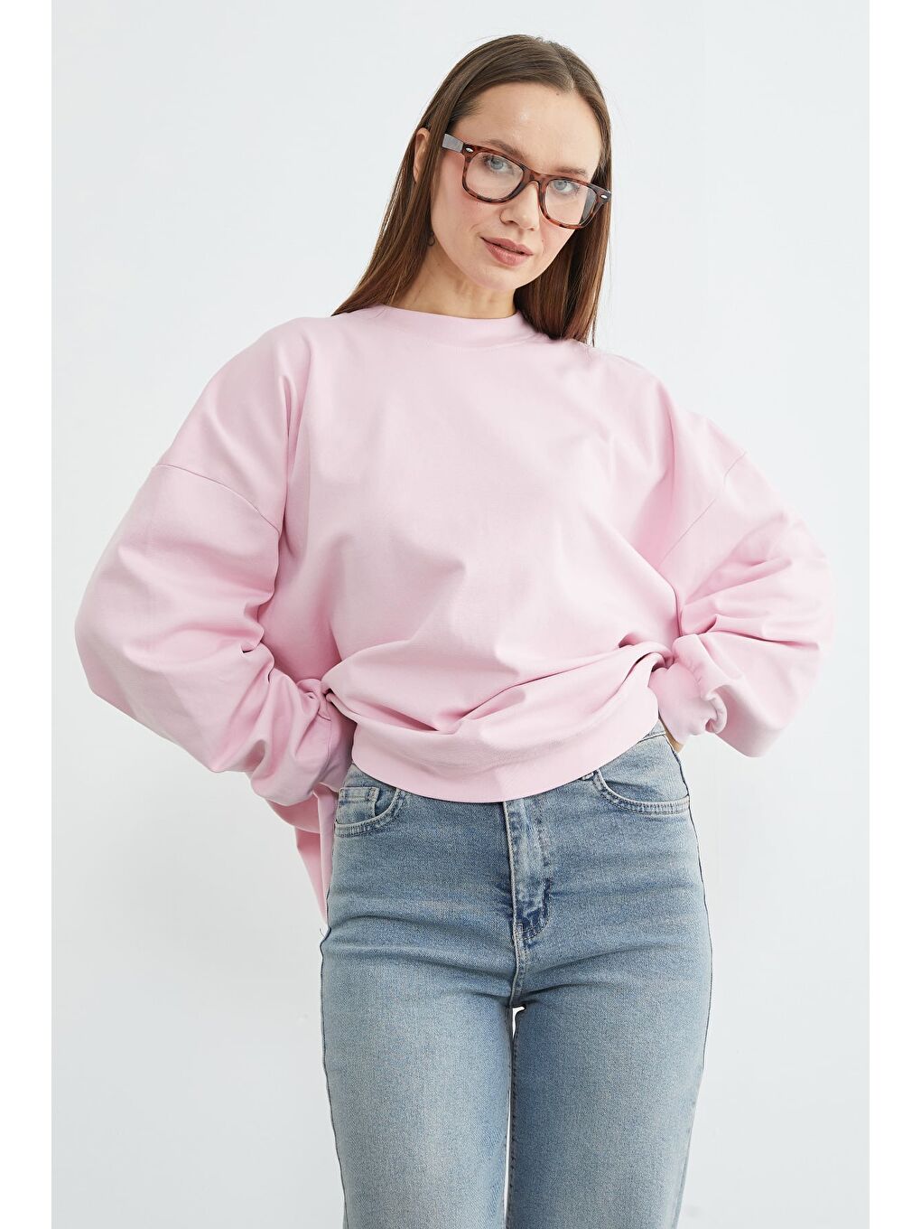Pembe Basic Bisiklet Yaka Oversize Sweatshirt-4