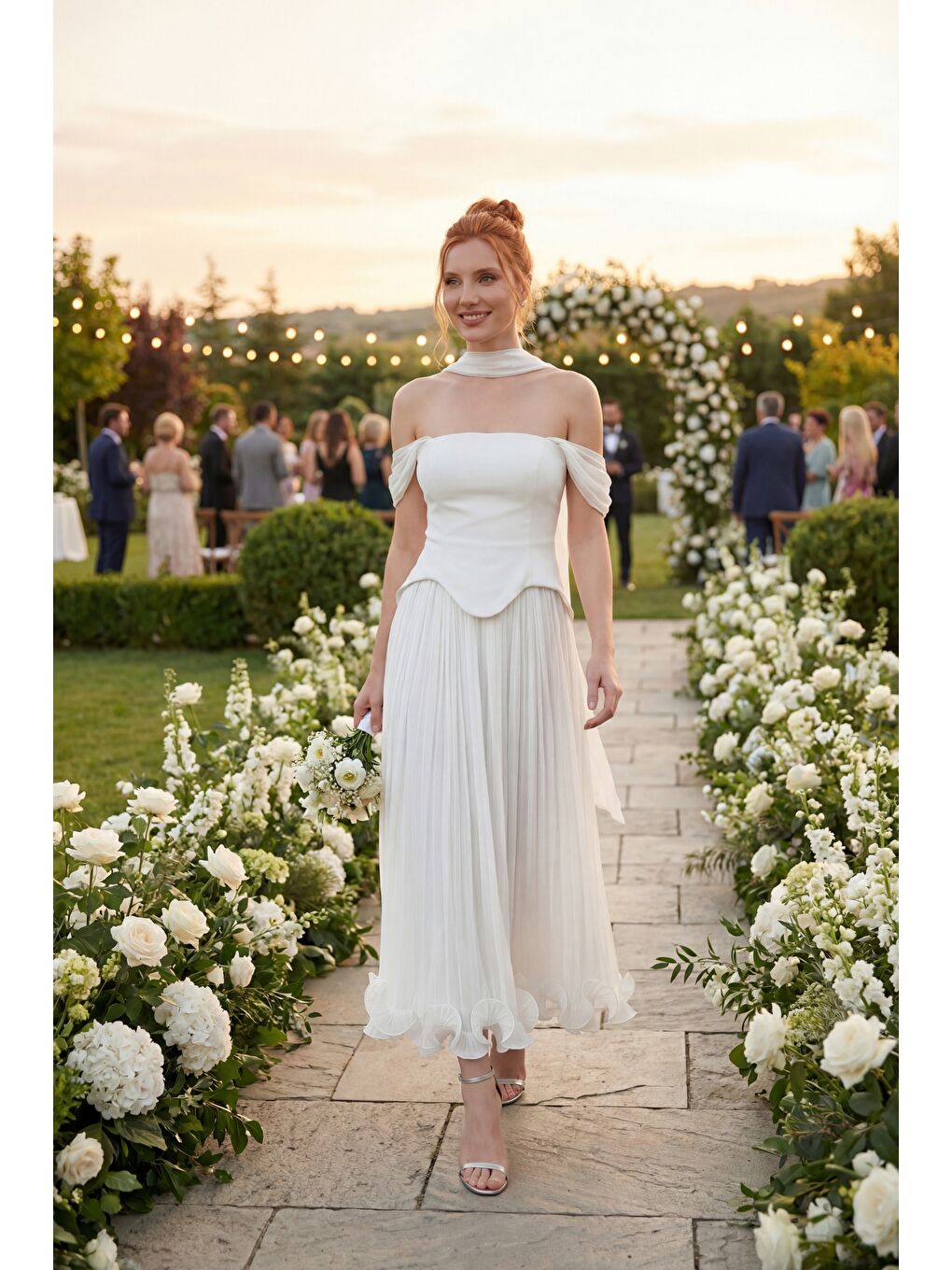 Kadın Beyaz Şal Yaka Etek Ucu Volanlı Midi Söz Nişan Nikah Abiye-4