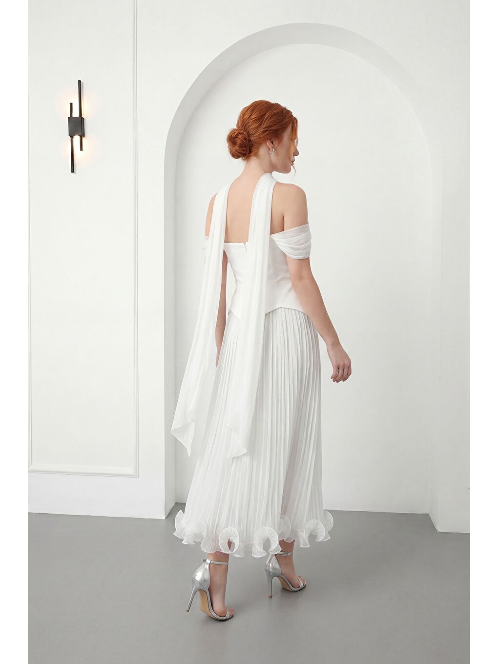 Kadın Beyaz Şal Yaka Etek Ucu Volanlı Midi Söz Nişan Nikah Abiye-5