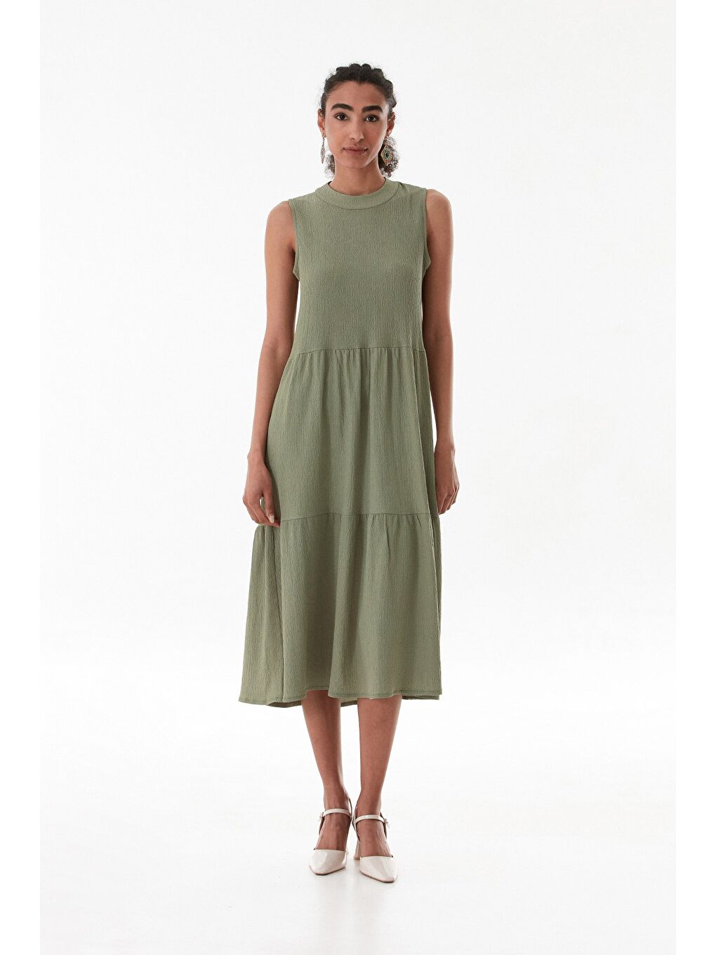 Haki Bürümcük Kumaş Fermuarlı Elbise-1