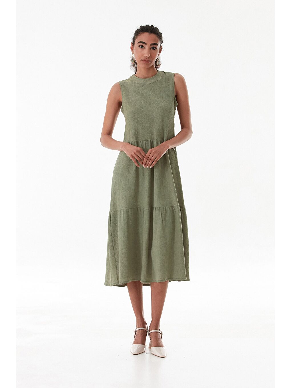 Haki Bürümcük Kumaş Fermuarlı Elbise-2