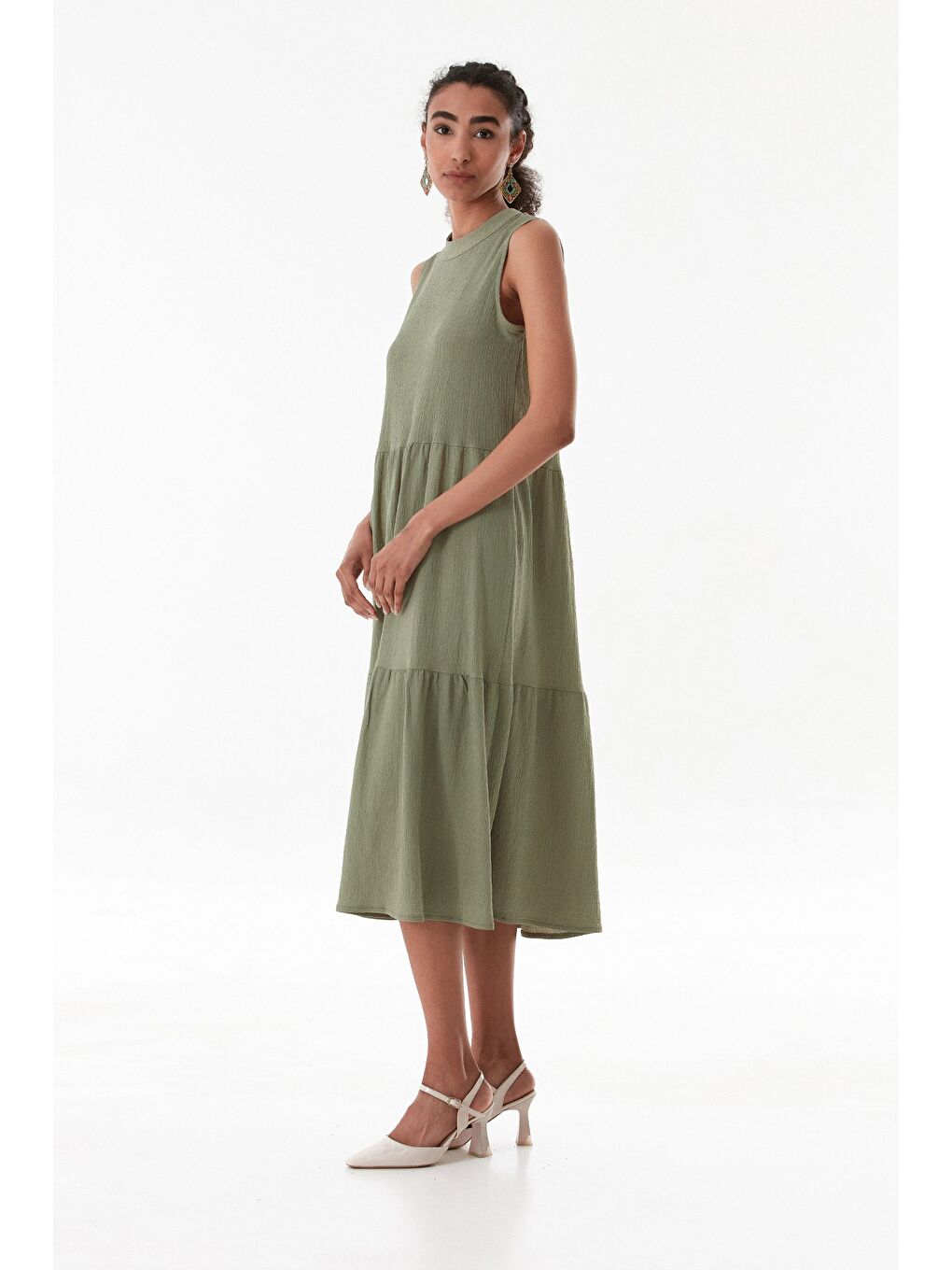 Haki Bürümcük Kumaş Fermuarlı Elbise-3