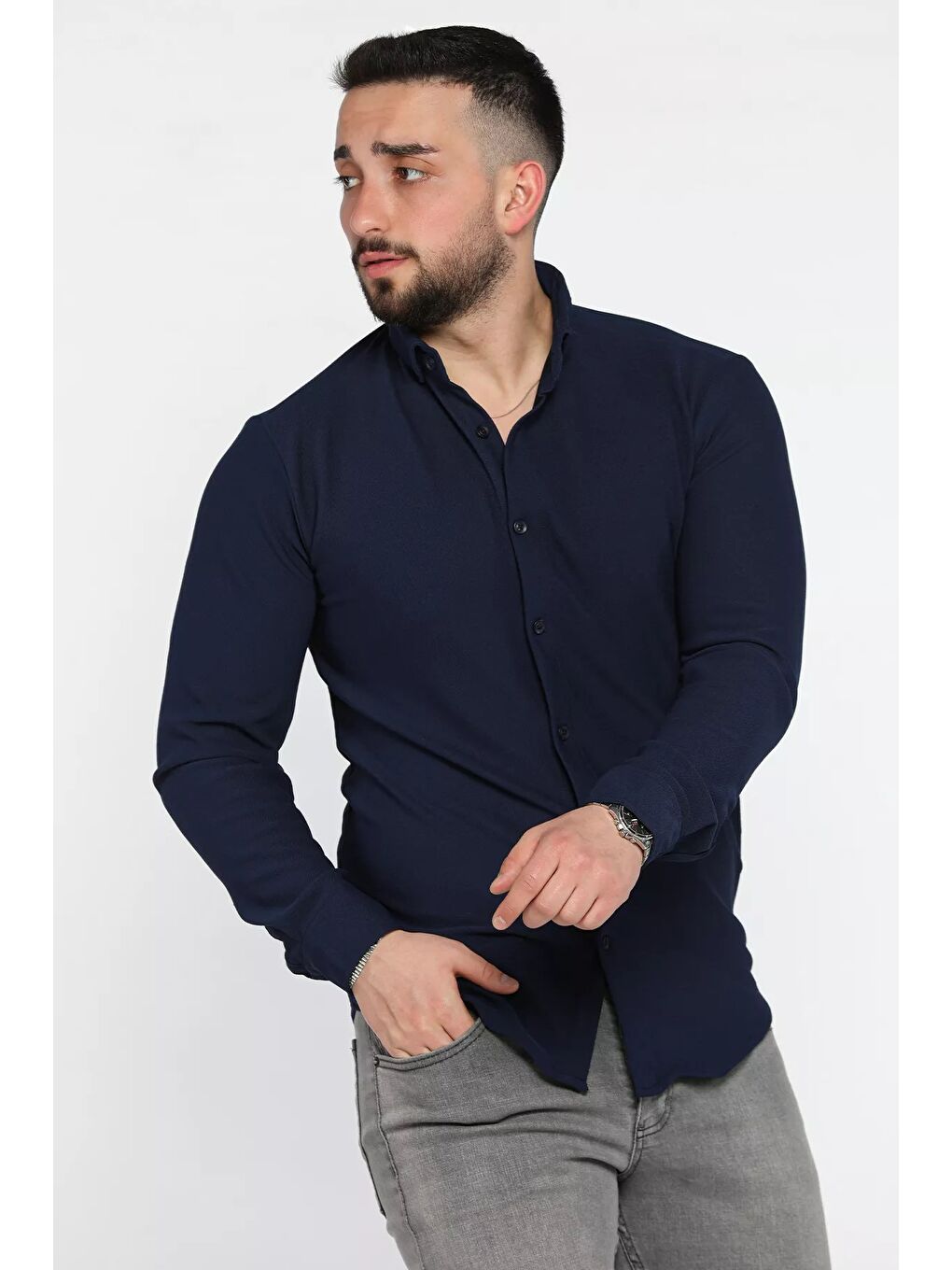 Lacivert Erkek Uzun Kol Gömlek-1