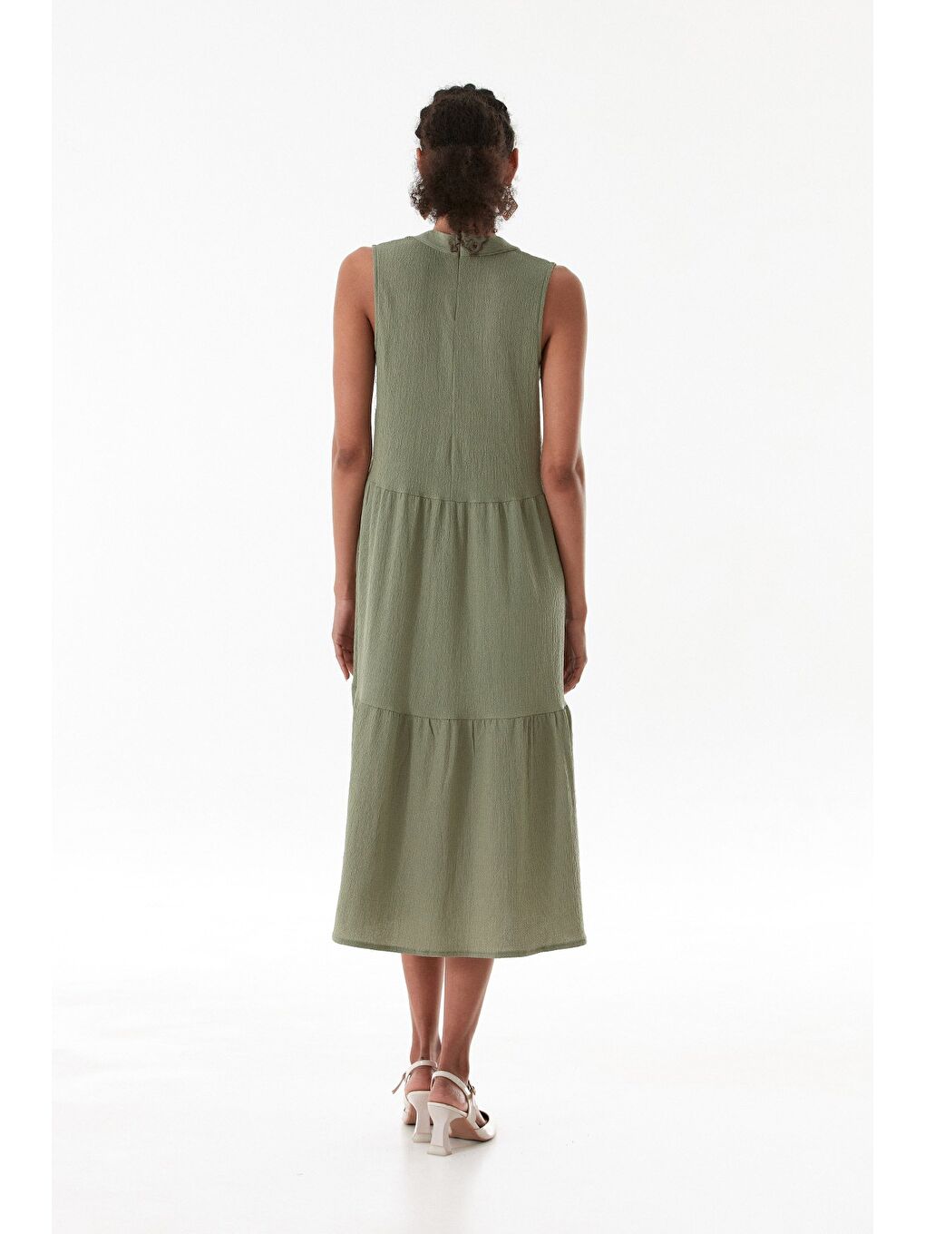 Haki Bürümcük Kumaş Fermuarlı Elbise-4