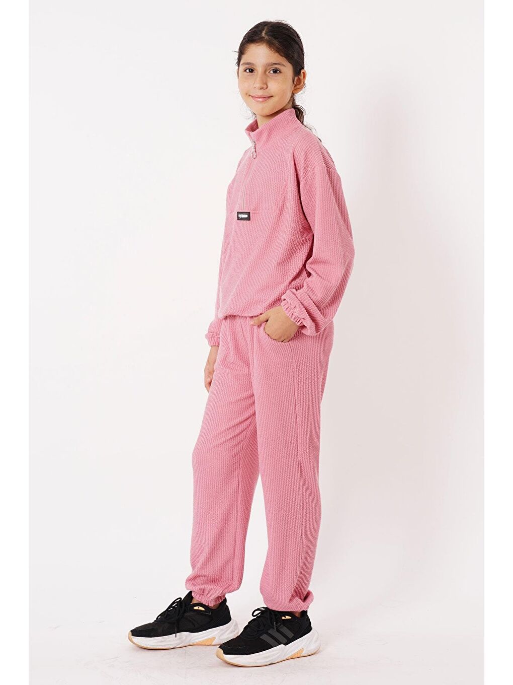 Pembe Balıkçı Yaka Arma Detaylı Fermuarlı Gül Kurusu Renk Kız Çocuk Eşofman Takım-7