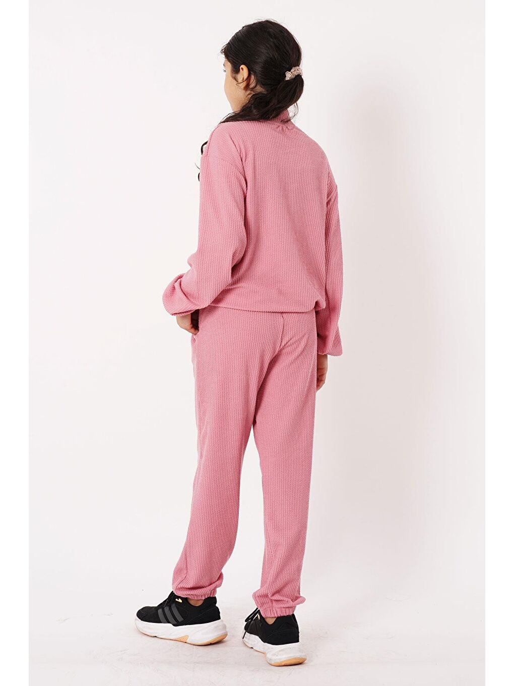 Pembe Balıkçı Yaka Arma Detaylı Fermuarlı Gül Kurusu Renk Kız Çocuk Eşofman Takım-8