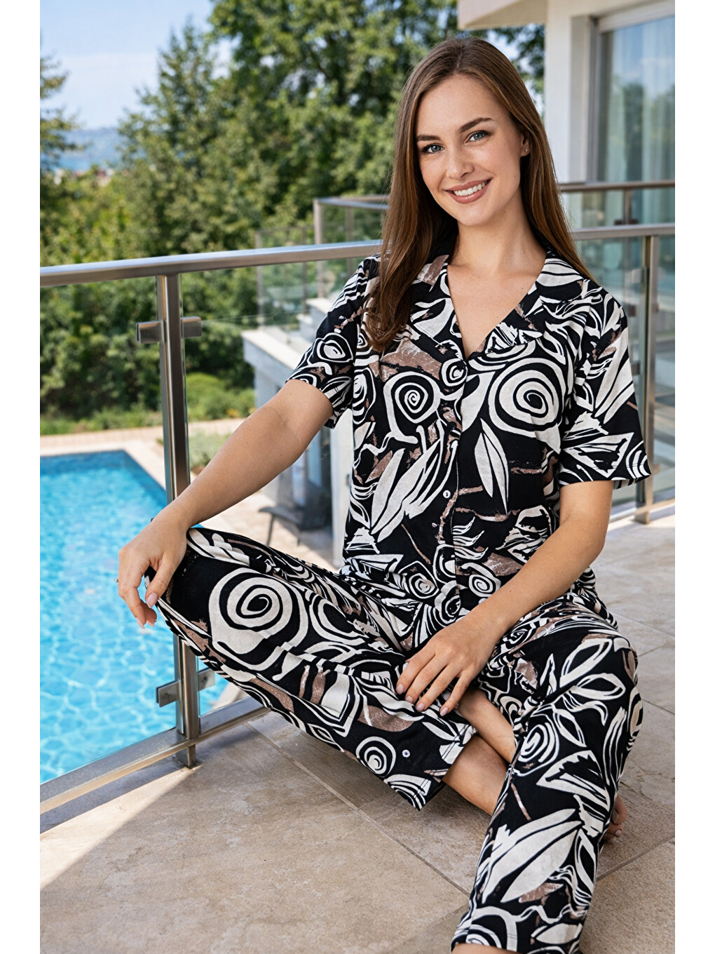 Kadın Desenli Kısa Kol Elastanlı Viskon Pijama Takımı 0306 Siyah03-3